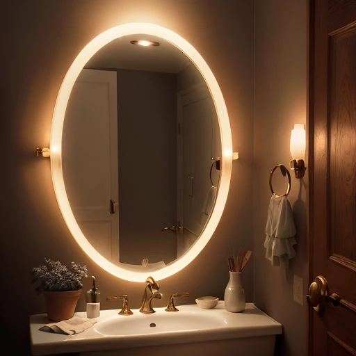 a girl with flowing, curly hair, standing in front of a large mirror. The mirror reflects a dimly lit room, with soft, warm lighting creating a cinematic atmosphere. The girl is wearing a flowing, silky dress, and her eyes are filled with curiosity and wonder. The mirror is adorned with intricate golden frames and has a vintage, antique feel. The girl's reflection in the mirror is slightly distorted, adding a touch of mystery to the scene. The overall image quality is of the highest caliber, with crisp details and vivid colors. The artwork has a photorealistic style, emphasizing the smallest nuances and capturing every shadow and highlight. The color tone is rich and deep, with a slightly desaturated and moody ambiance. The lighting in the room is soft, casting gentle shadows and creating a sense of depth.