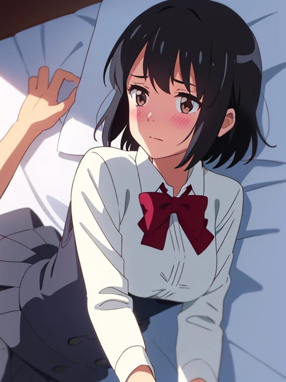 Girl with short black hair wearing an asian school uniform kneeling on the edge of a bed, matress bending beneath her weight facing the viewer