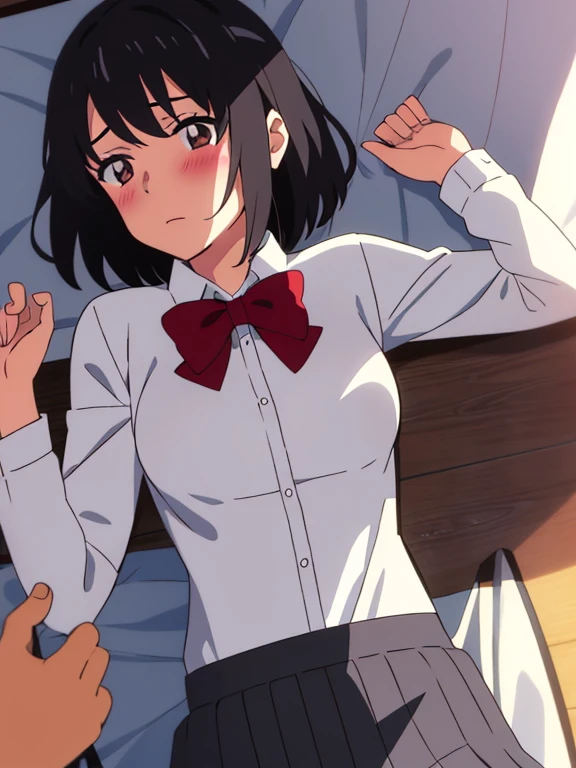 shinkai makoto, kimi no na wa., 1girl, bangs, bed sheet, black hair, blush, breasts, medium breast, brown eyes, red bow, short hair, solo, upper body, white long sleeve shirt, cowboy shot, lying, medium breasts, on back, grey skirt, bedroom, pov, boy's arm breast gropping POV