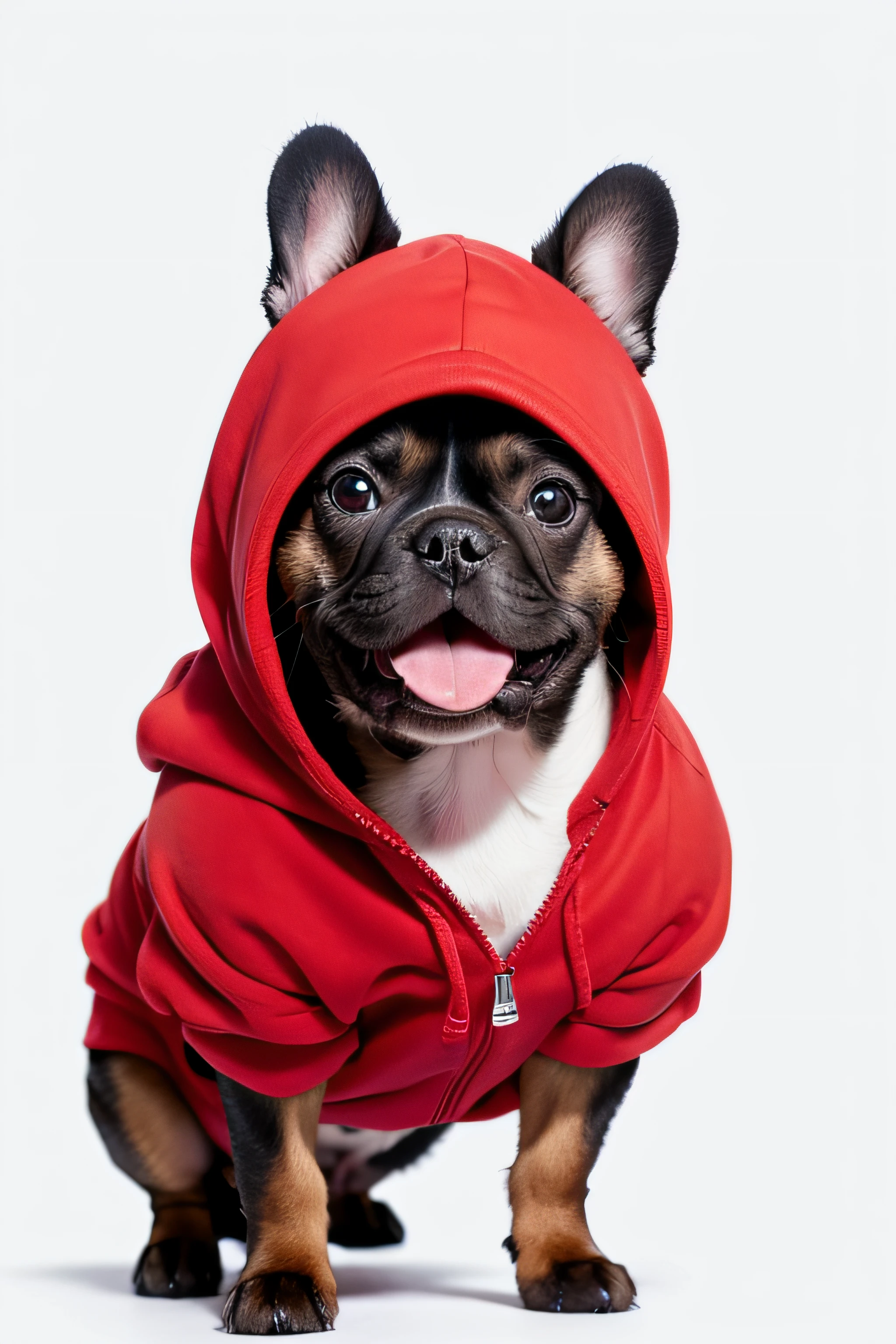 Cute french bulldog wearing red hoodie, Smiling in front of white background, Stick out your tongue and take a full body photo