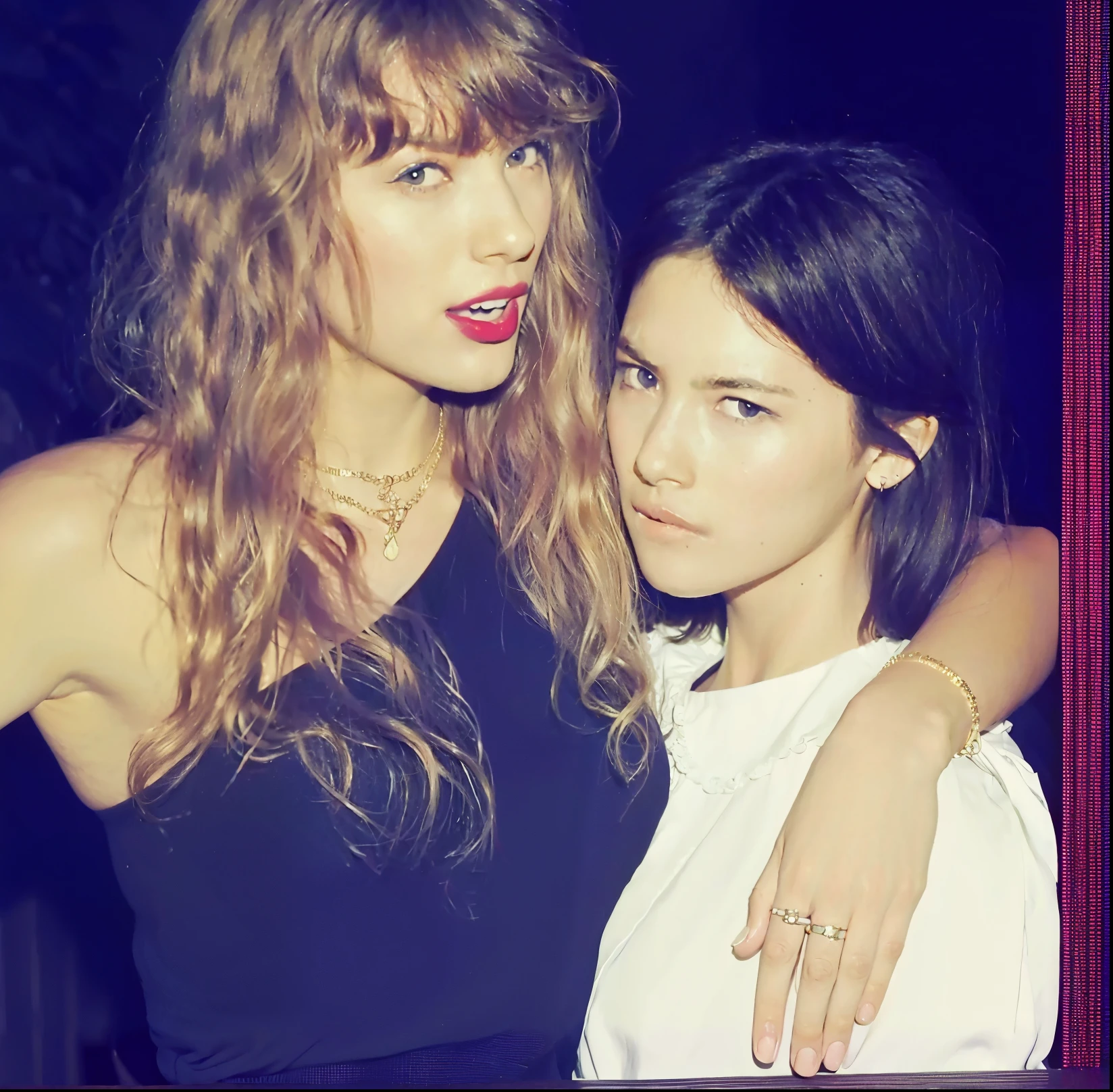 taylor and her friend pose for a picture at a party, they are close to each other, both have red lips, charli bowater and artgeem, arm around her neck, edited, exclusive, tyler, two models in the frame, tumblr, with ivy, alena aenami and lilia alvarado, ((oversaturated)), hot