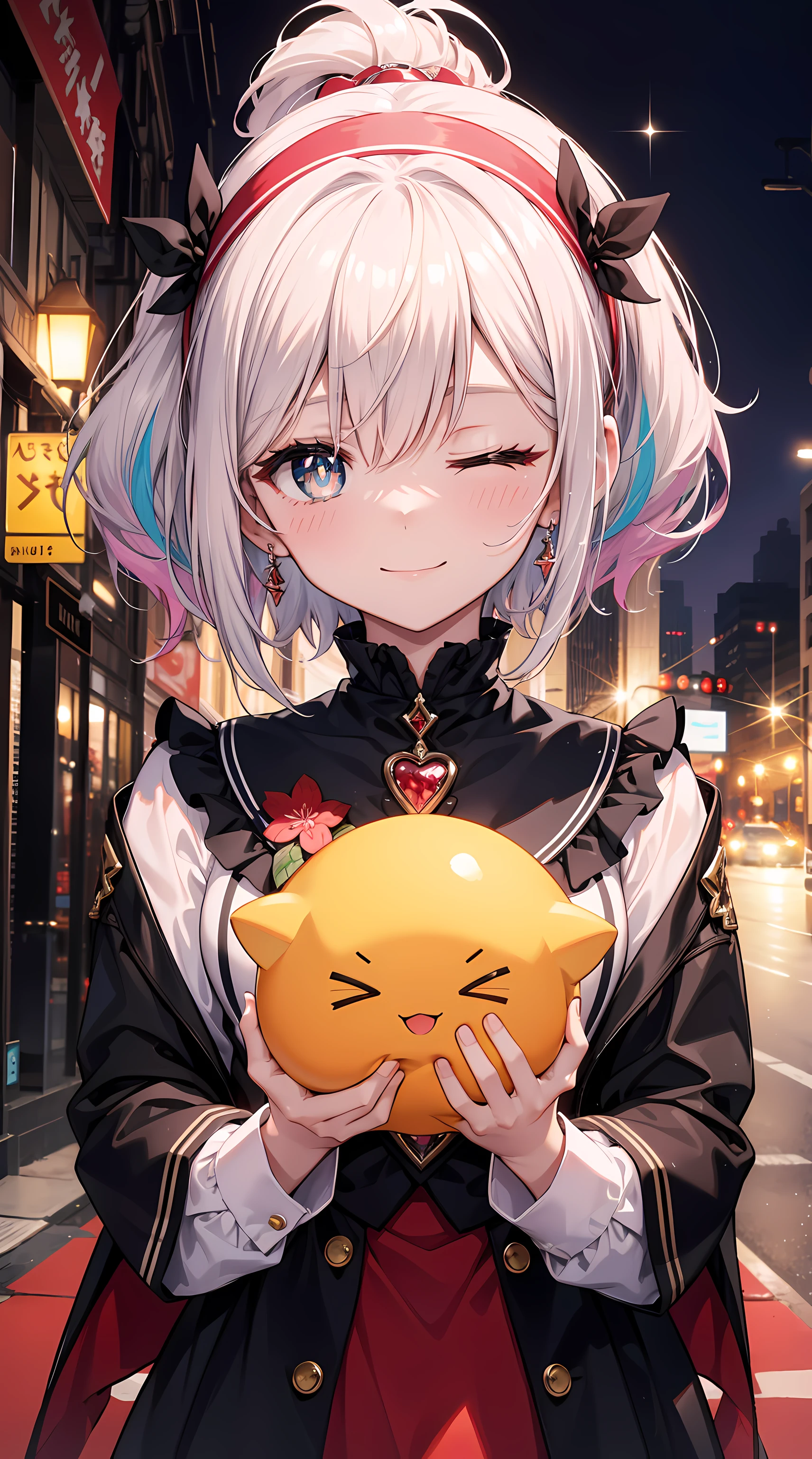 Extremely colorful、Vibrant hair, low ponytail, jewely, lolitahairband, Colored eyes, one eye closed, Smiling, the shy, The face is red, Bright pupils, Enchanted smile, Sparkling, Happy, depth of fields, hyper HD, tmasterpiece, Anatomically correct, ctextured skin, high detal, high high quality, A high resolution, 16k.