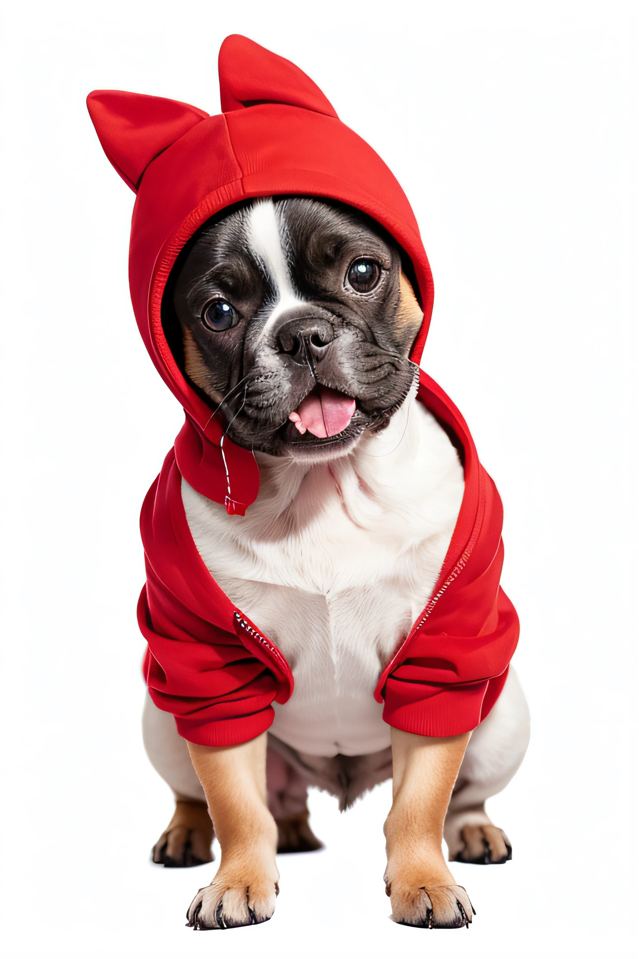 Cute french bulldog wearing red hoodie, Smiling in front of white background, Stick out your tongue and take a full body photo