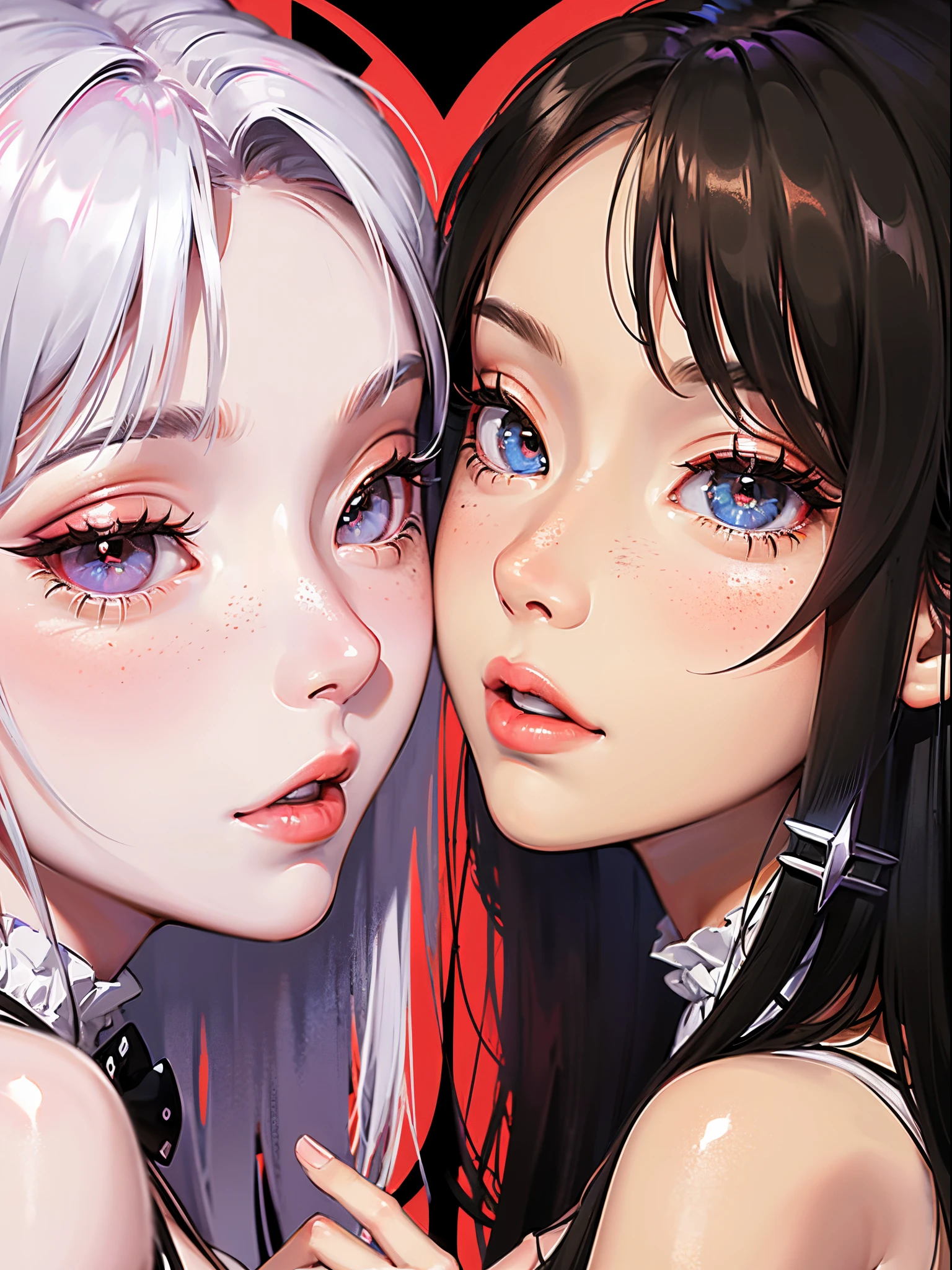 (masterpiece, best quality), best resolution, (2heads:1.5), 2 heads on one body, perfect anatomy, 1girl, beautiful, clear faces, solo, long hair, looking at viewer, smile, blue eyes, hair ornament, white background, jewelry, white hair, closed mouth, blunt bangs, nail polish, bracelet, lips, grey eyes, portrait, red nails, close-up, red lips, hands on own face, hands on own cheeks,(mature female),(shiny skin),((steaming body))