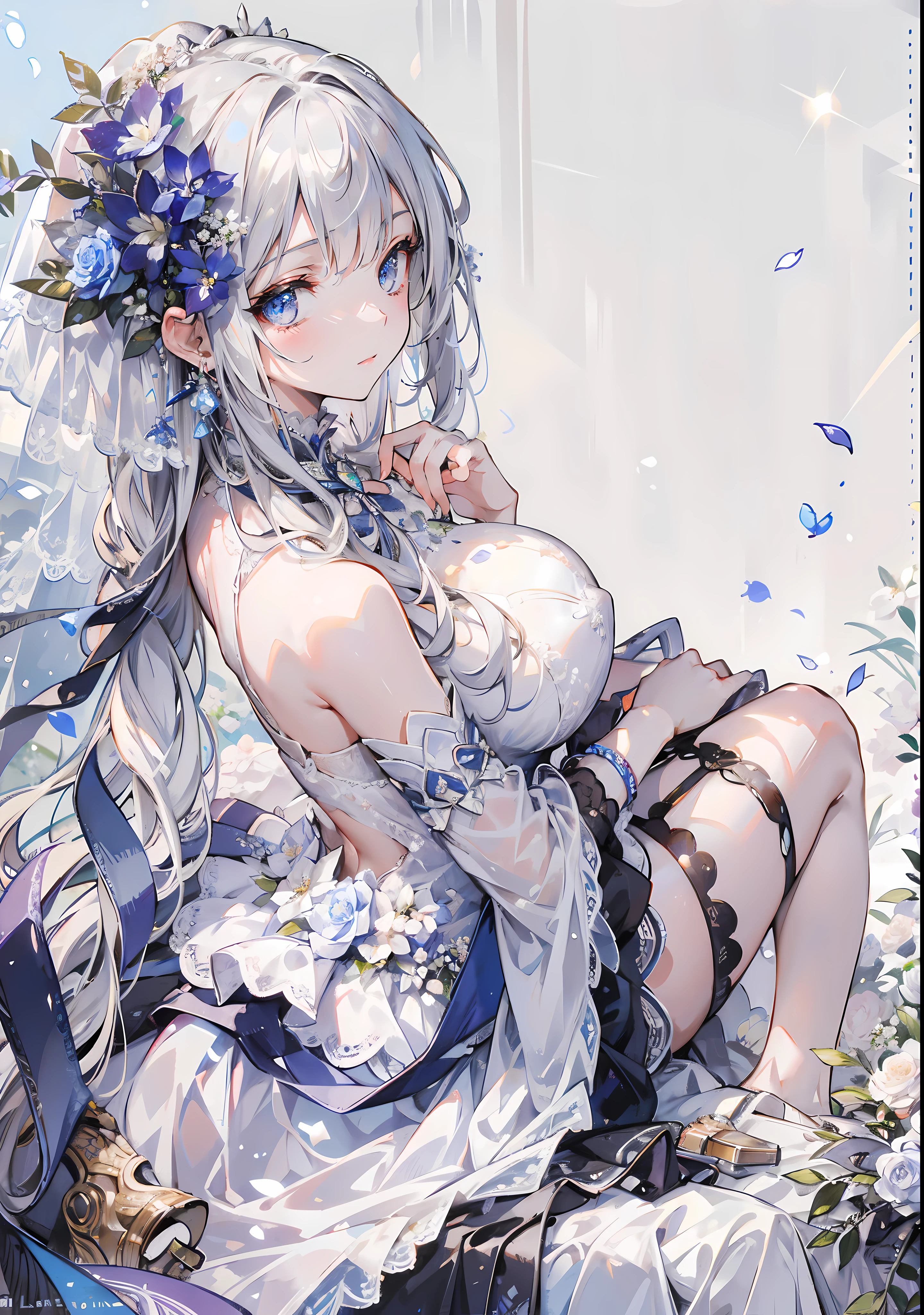 （（Best quality））， （（tmasterpiece）） wedding princess dress， llight rays， lens flare glow， White petals， long hair cat， exotic，Wedding flowers，Sense of lens，face to the viewer，The feeling of looking down，（flower wedding dress），Colossal tits，White flowers，Eyes are bright，light blue flowers