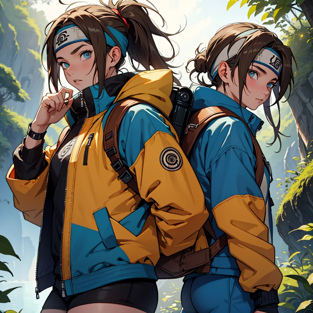 A European looking girl with messy straight brown hair, Handsomer, High quality picture, With Naruto headband With air symbol, wearing blue jacket, 4K quality, In the nature, both eyes clear, solo traveling, wearing tech backpack,