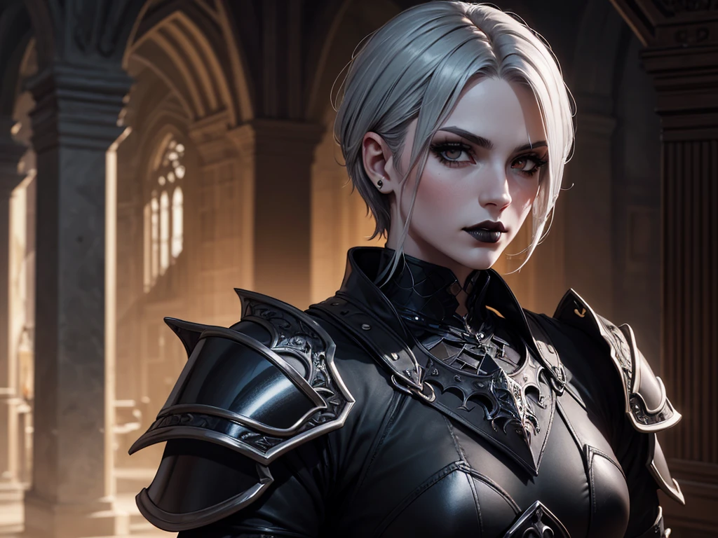 An adult vampire wizard character wearing a very detailed and beautiful gothic armor in black and silver color his hair cut in a short style, black lip color, manto, capuz, caminhando, 8k, Magnificent, Black and red Gothic armor, capa