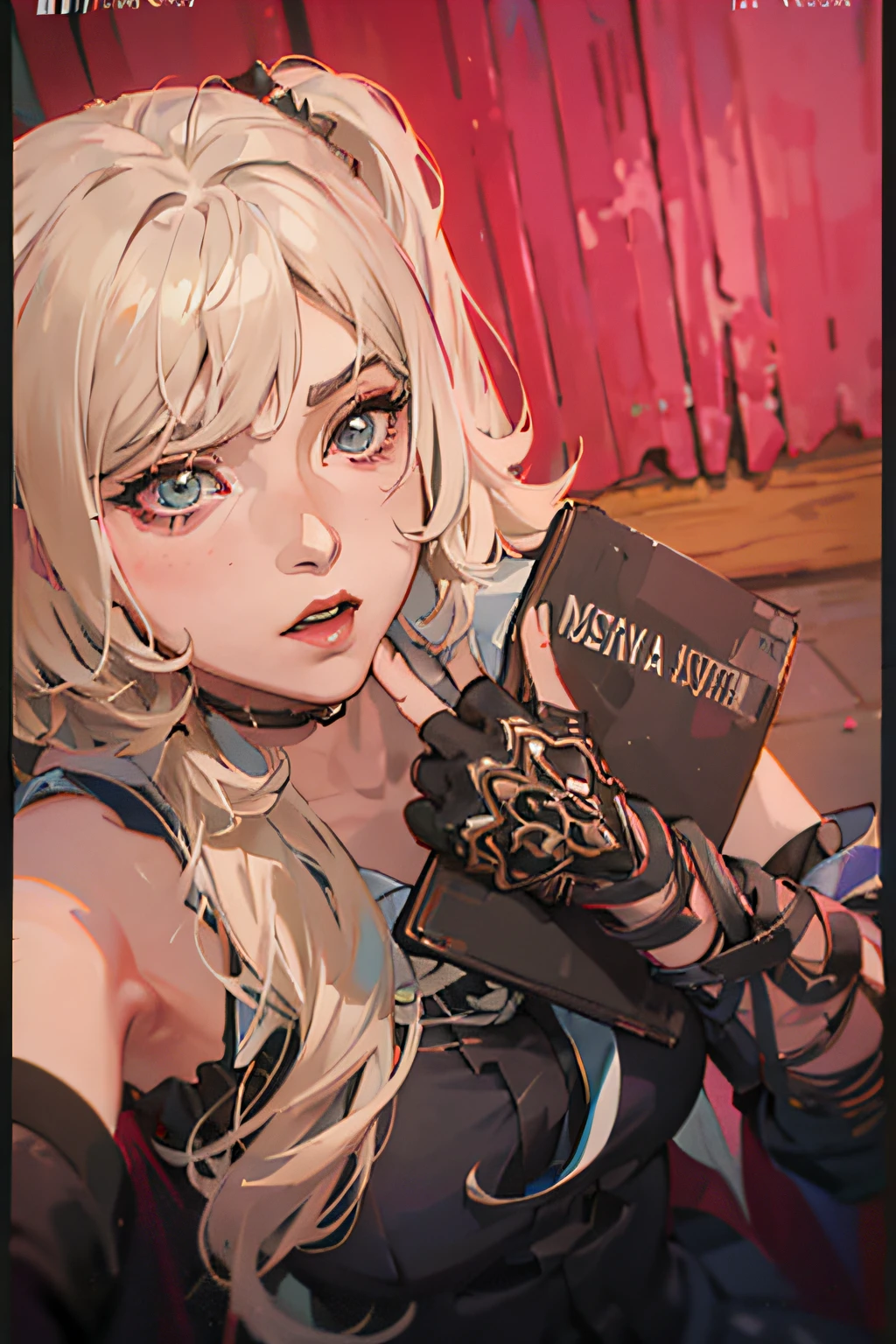 mulher loira com cabelos loiros e camisa preta sentada em uma cama, Estilo anime misturado com Fujifilm, Inspirado em anime, segurando um livro death note ,anime vibes, estilo anime, estilo anime, personagem de anime; arte de corpo inteiro, 8 0 s vibe anime, anime aesthetic, apenas estilo anime, usando streetwear cyberpunk, Junko Enoshima, Danganronpa, 1 7 - - old me goth girl, olhar confiante, olho vermelho