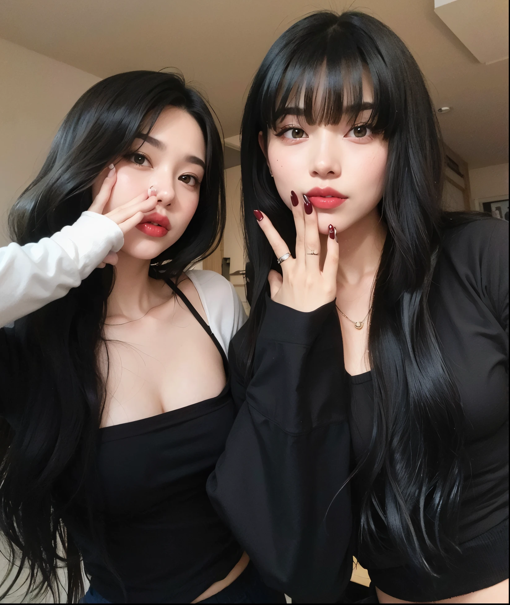 Two cute Korean singer girls,Take photos at night,The background is the hotel,Two girls sitting on the bed,open legs wide,Wear a black tight skirt,Black Dress,Black hip skirt,Cute real girl with big breasts,Dew,Blue hair and pink hair,erogenous,Realistic Korean girl,female student,cute schoolgirl,looking at the viewers,Choker,Stud earrings,