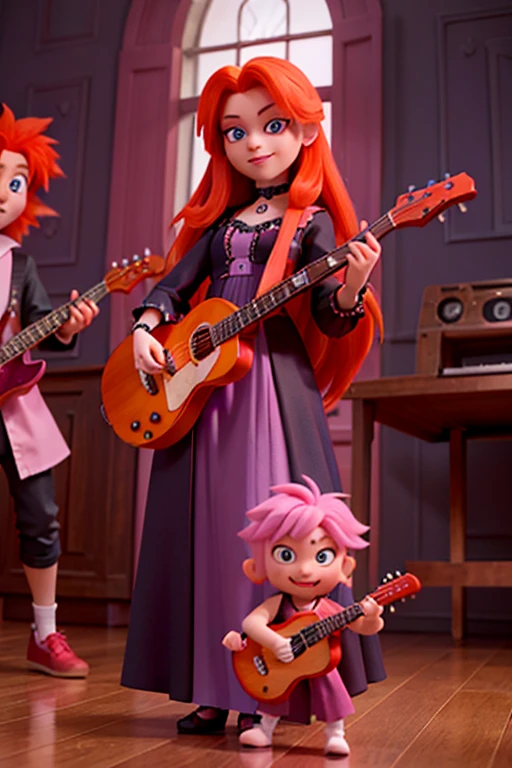 A pink haired woman with violet eyes with long hair in a gothic dress  is playing music with an orange haired male fox demon man with orange eyes who is holding a guitar