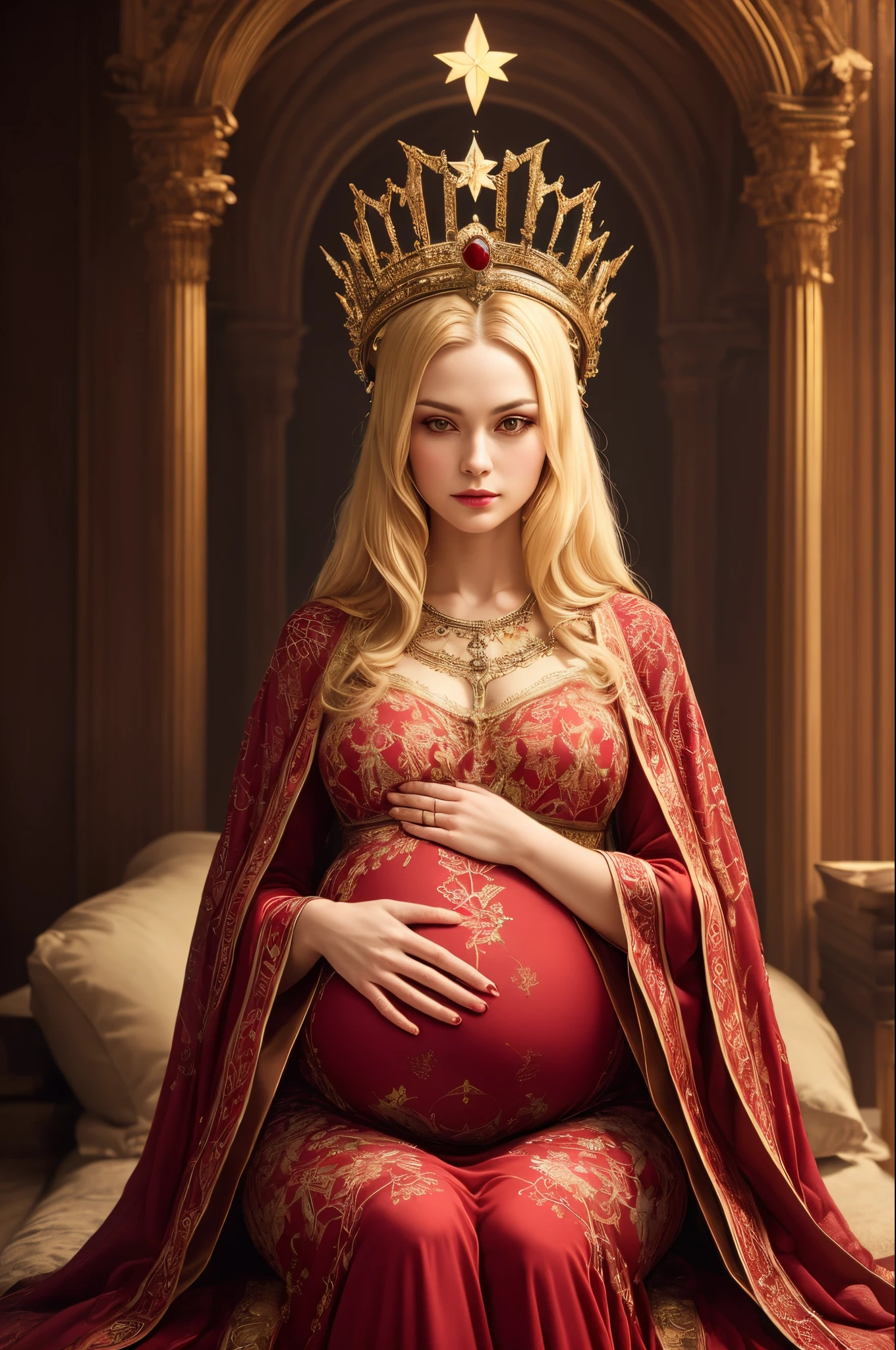 The Empress tarot card, The Empress is a beautiful, pregnant woman with blonde hair and a peaceful aura about her. She wears a crown of twelve stars. Her robe is patterned with pomegranates. She sits upon a luxurious array of cushions and red velvet. One cushion features the symbol of Venus, highly detailed, high quality, intricate, creative, 8k, stunning visuals, depth of field, symbolism, atmospheric, ethereal, serene, aesthetic