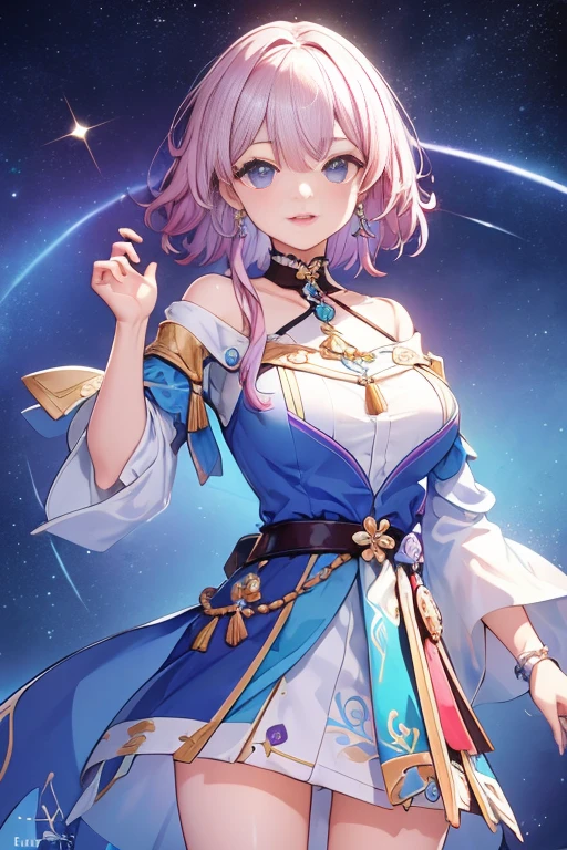 Marhd, Mards, 1girl, sozinho, saia, Luvas, Brincos, jewelry, franja, olhos azuis, olhos cor-de-rosa, luvas pretas, mangas compridas, saia azul,  Gargantilha, luvas sem dedos, camisa branca, cabelo entre os olhos, short fur, single glove, saia plissada, luvas parcialmente sem dedos, Purple eyes, Coat, olhos multicoloridoaster piece:1.6, better quality),  (belos olhos finamente detalhados: 1.2), ultra-detalhado, illustration, belos olhos detalhados, (escala de cinza)