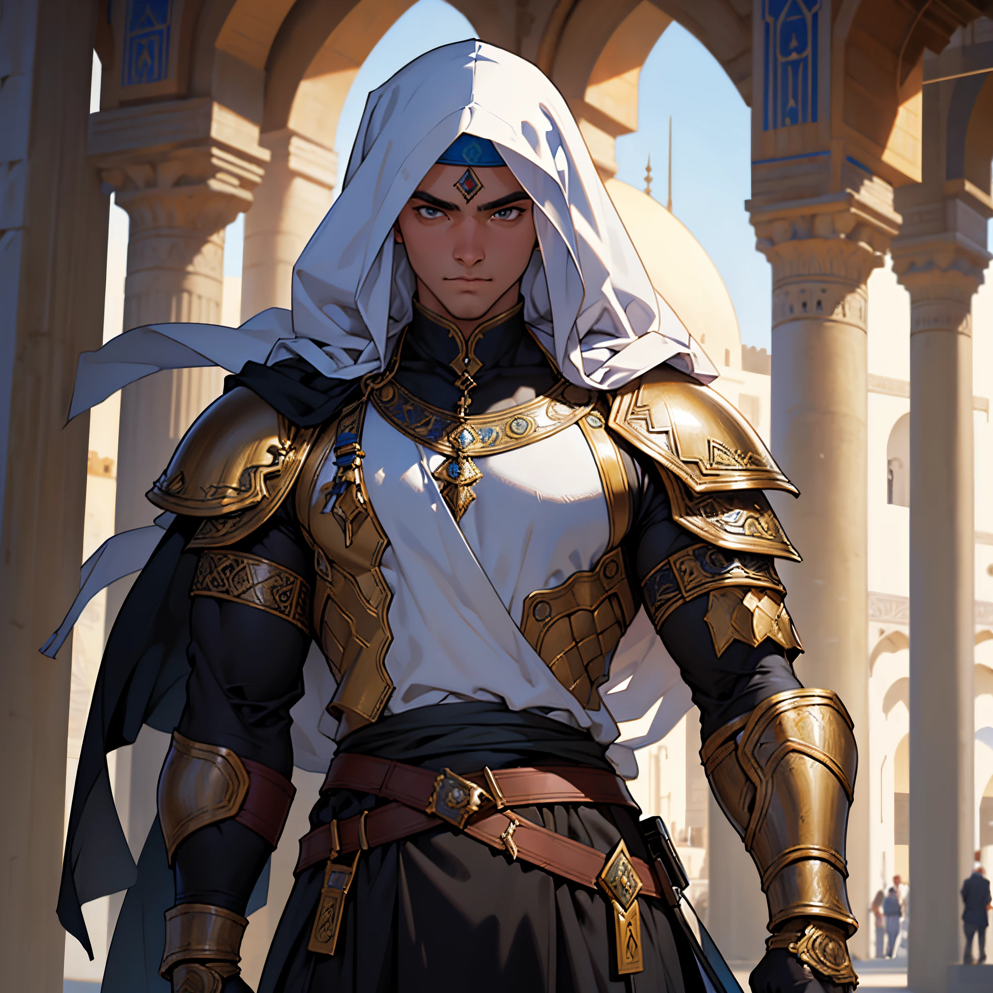 masterpiece, Best Quality, 4k, Moroccan Warrior Highly detailed muscular warrior wearing Islamic armor(1 person) Very detailed,young man with long silver hair, detailed pose, Background with:Inside the Arab Mosque