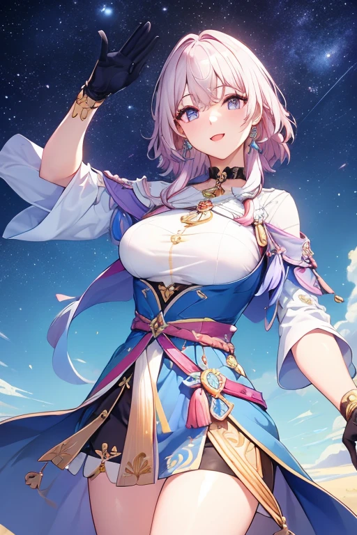 Marhd, Mards, 1girl, sozinho, saia, Luvas, Brincos, jewelries, franja, olhos azuis, olhos cor-de-rosa, luvas pretas, mangas compridas, saia azul,  Gargantilha, luvas sem dedos, camisa branca, cabelo entre os olhos, short hair, single glove, saia plissada, luvas parcialmente sem dedos, Purple eyes, suit jacket, olhos multicoloridos,   (master part:1.6, best quality),  (belos olhos finamente detalhados: 1.2), ultra-detalhado, illustration, belos olhos detalhados, (escala de cinza)