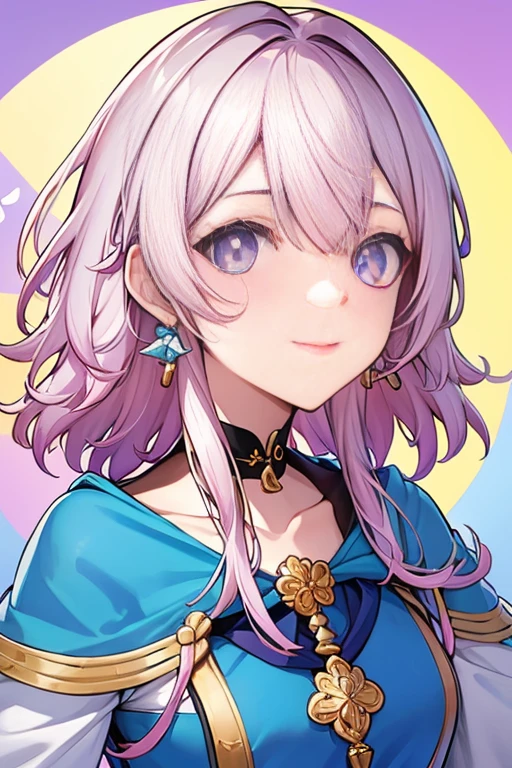Marhd, Mards, 1girl, sozinho, saia, Luvas, Brincos, jewelries, franja, olhos azuis, olhos cor-de-rosa, luvas pretas, mangas compridas, saia azul,  Gargantilha, luvas sem dedos, camisa branca, cabelo entre os olhos, short hair, single glove, saia plissada, luvas parcialmente sem dedos, Purple eyes, suit jacket, olhos multicoloridos,   (master part:1.6, best quality),  (belos olhos finamente detalhados: 1.2), ultra-detalhado, illustration, belos olhos detalhados, (escala de cinza)