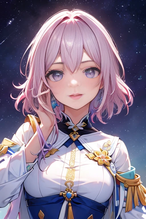 Marhd, Mards, 1girl, sozinho, saia, Luvas, Brincos, jewelries, franja, olhos azuis, olhos cor-de-rosa, luvas pretas, mangas compridas, saia azul,  Gargantilha, luvas sem dedos, camisa branca, cabelo entre os olhos, short hair, single glove, saia plissada, luvas parcialmente sem dedos, Purple eyes, suit jacket, olhos multicoloridos,   (master part:1.6, best quality),  (belos olhos finamente detalhados: 1.2), ultra-detalhado, illustration, belos olhos detalhados, (escala de cinza)