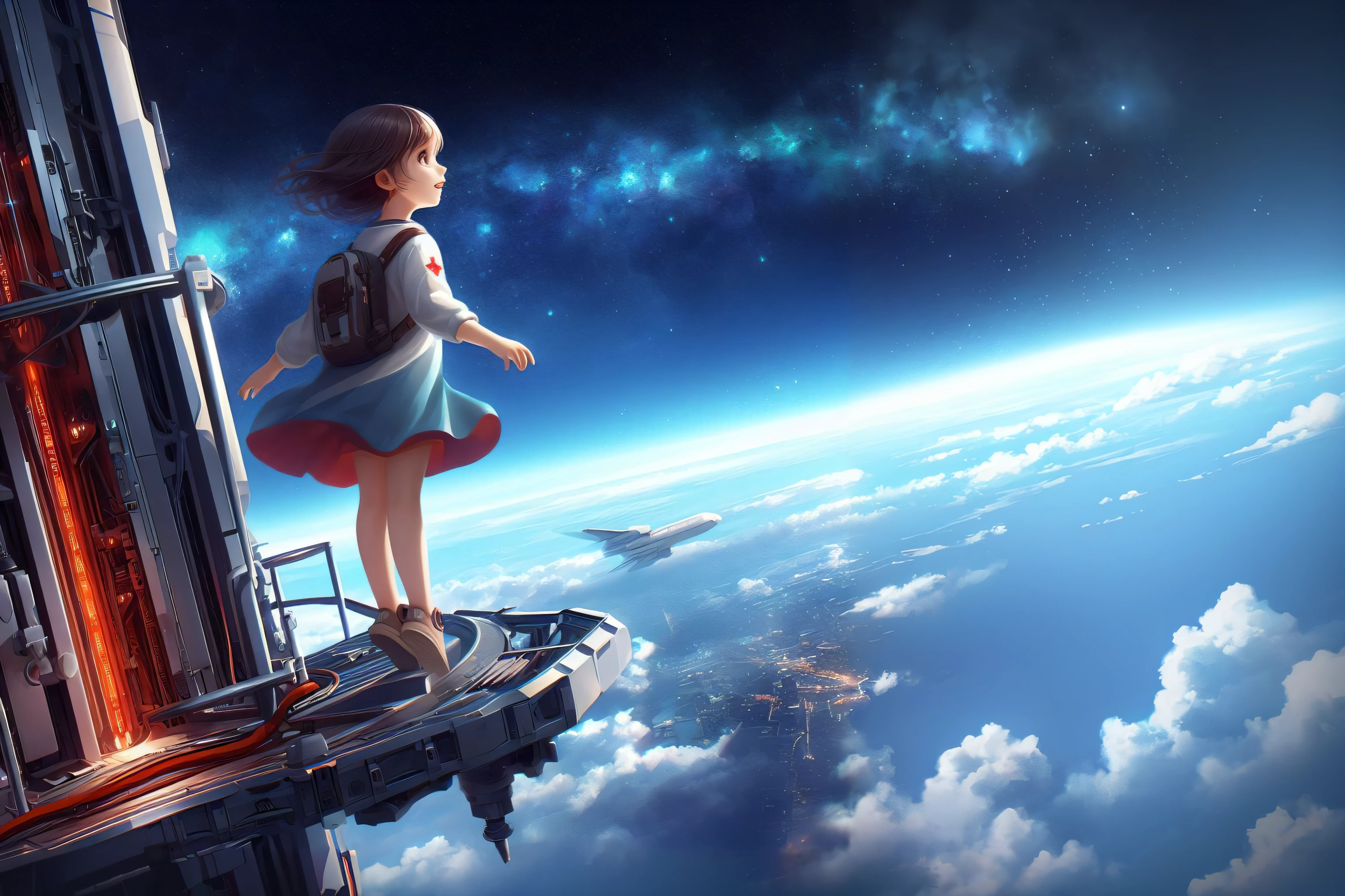 Anime girl stands on a ledge and looks at the sky, girl in space, makoto shinkai cyril rolando, The girl looks at the space, portrait anime space cadet girl, amazing wallpaper, cosmic skies. makoto sinkai, makoto sinkai!, Space travel, Looking into space, Cyril Rolando and Goro Fujita, 4k anime wallpaper