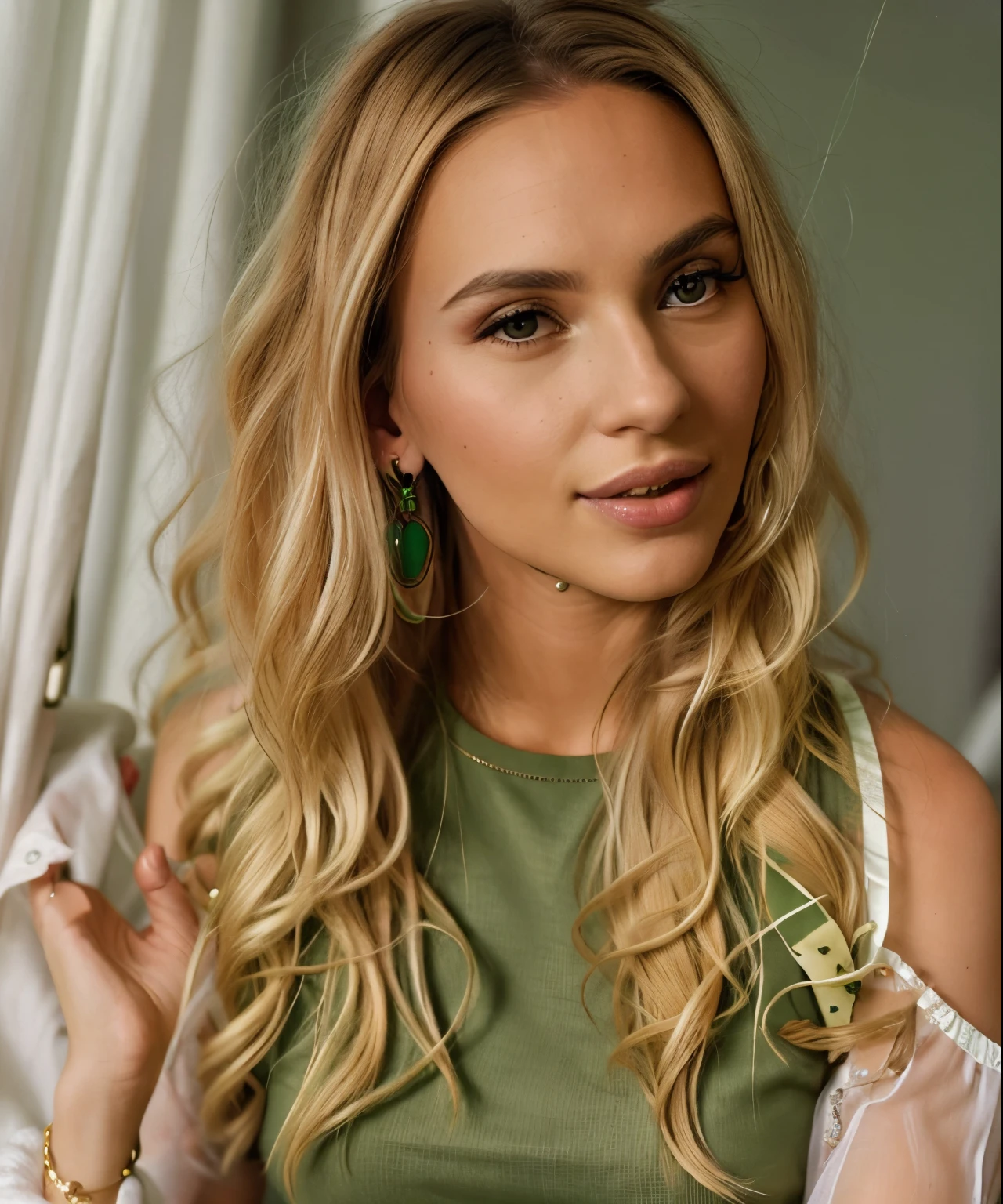 blonde woman with long hair wearing an green top and earrings, 3 0 years old woman, 30 years old woman, aleksandra waliszewska, 21 years old, ekaterina, 2 9 years old, magdalena radziej, 2 4 years old, yelena belova, 2 8 years old, 2 2 years old