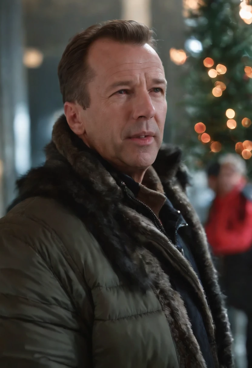 movie「die hard 2」Famous scenes of、Bruce virus、airport、Bursting、Christmas tree、down jacket with boa、