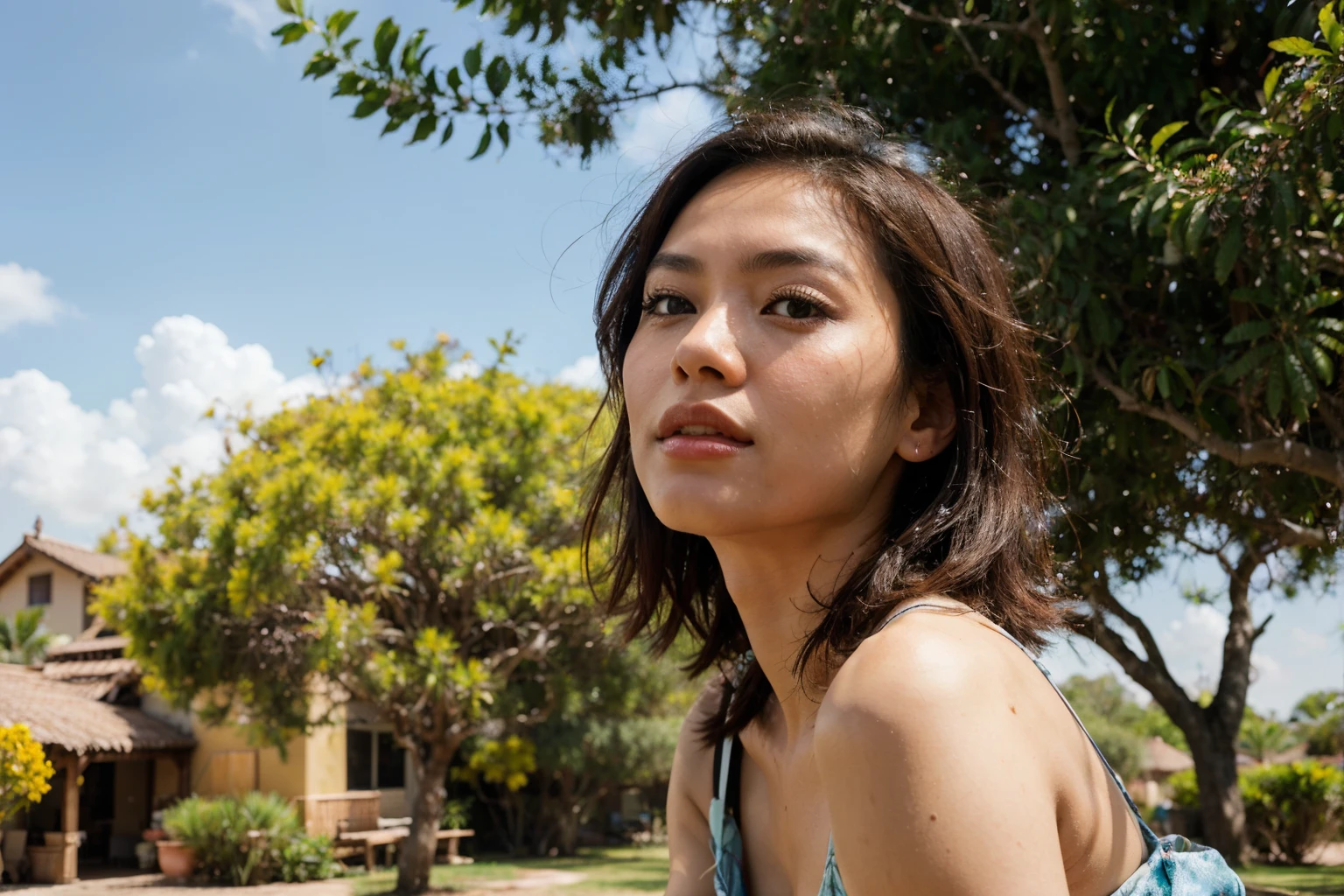 Photorealistic, image of asian woman, stand next to an acacia tree (Mimosa), I look up at the tree with awe... women should wear casual clothes, suitable for warm climates, outdoor environment. The acacia tree should be partially visible, It is characterized by its feather-like leaves and yellow flowers... The background should be a typical savannah or dry tropical environment, clear sky and sparse grassland, Capturing the beauty of the natural environment.