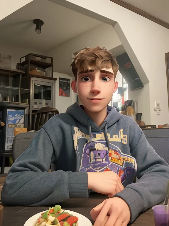 there is a man sitting at a table with a plate of food, twitch streamer / gamer ludwig, very very low quality picture, taken in the early 2020s, profile picture 1024px, around 1 9 years old, mrbeast, bladee from drain gang, high quality portrait, headshot profile picture, young man in a purple hoodie