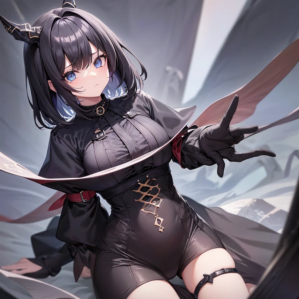 (melhor qualidade: 1.0), (super high res: 1.0), 1girl, personagem extremamente detalhado, detailed hands, Half-dragon girl, chifres, Dragon horns, Girl with black dragon tail, Black dragon tail, Cabelo extremamente detalhado, cabelo curto, ((short hair)), ((cabelos brancos)), ((mechas da cor preta)), olhos extremamente detalhados, olho com cores diferentes, Heterocromia, Olho direito de cor branca, Olho esquerdo de cor preta, dragon eyes, 2D, Arte de Anime, ((barnet)), ((corpo inteiro)), standing on her feet, medieval, RPG, pequena, baixa, (Altura Pequena), peitos pequenos, (adolescente), olhar morto, grim expression, preocupado, look of tiredness, camisa de manga comprida, Black jacket, brincos de estrela + Branco, vestido longo medieval + preto, pantyhose + black + white, salto alto, garras, black scales on the neck, escamas pretas no ombro, ombros expostos