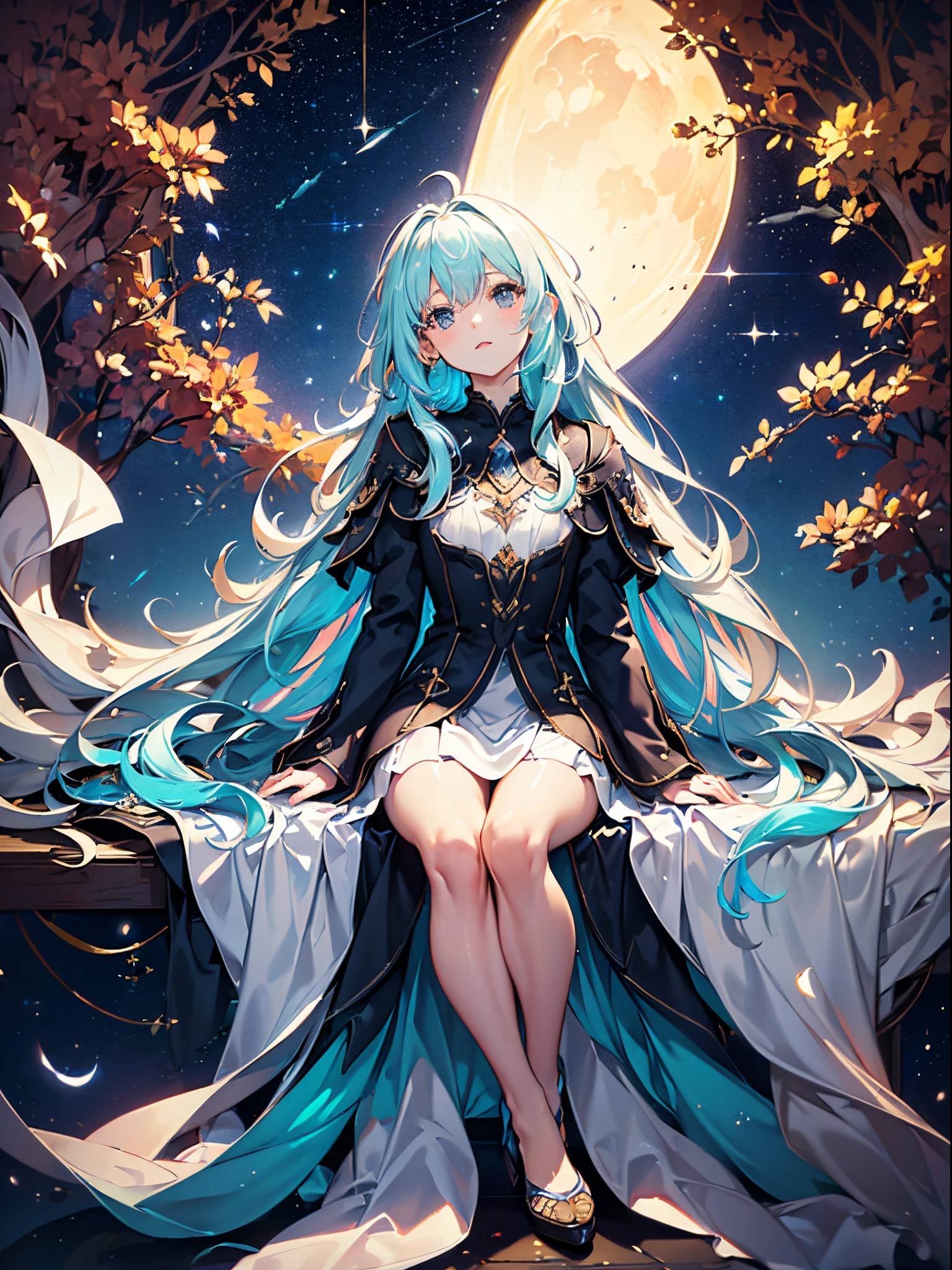 A girl sitting (((Looking up watching the stars))), starry sky with waning moon, a single tree at her side, flowers, hair moving with the wind, full body, {unit CG wallpaper of 16k extremely detailed}, expansive landscape photography, (a low view with focus on the character and the scenery), (wide open field view), (low angle shot), (high light: 1.2), (low light: 1.5), (warm light source: 1.4), intricate details, (iridescent colors: 1.4), (bright lighting), (atmospheric lighting), dreamy, unique, perfect