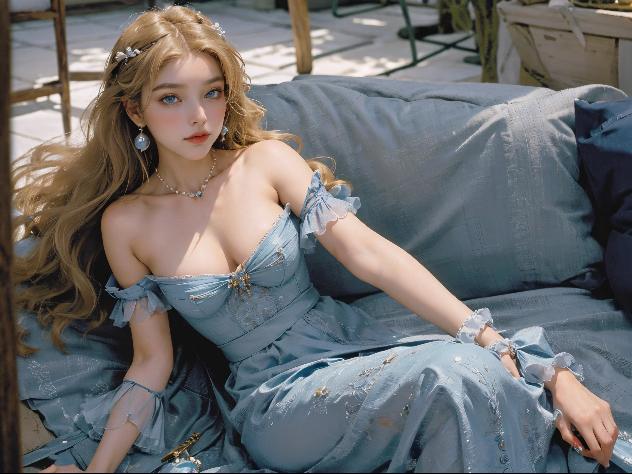 old movie,Classic movies,Elegant aristocratic girl,((tmasterpiece)),high high quality,ultra - detailed,coiffed blonde hair+blue attire:1.2,sweet and delicate girl,exquisite facial features,perfect body figure,There are bubbles around,The colors are bright and bright,pearl white background,Romantic long hair,natural soft light,warm and sweet,blue color eyes,Gorgeous hair decoration。Delicate skin texture,Live photos,True humans,Relaxed state,Solid color skirt,((tmasterpiece)),high high quality,ultra - detailed,,bjd,ta prostitute,exquisite facial features,face adorned with pearls,There are bubbles around,The colors are bright and bright,Romantic long hair,Natural soft light,warm and sweet,with brown eye,Gorgeous hair decoration,((Best quality, 8K, On a table: 1.3, RAW photogr)), Focus sharp: 1.2, (1 aespa girl :1.1), Alone, (Face focus: 1.1), Cute face, The face is very detailed,beachside,1girll