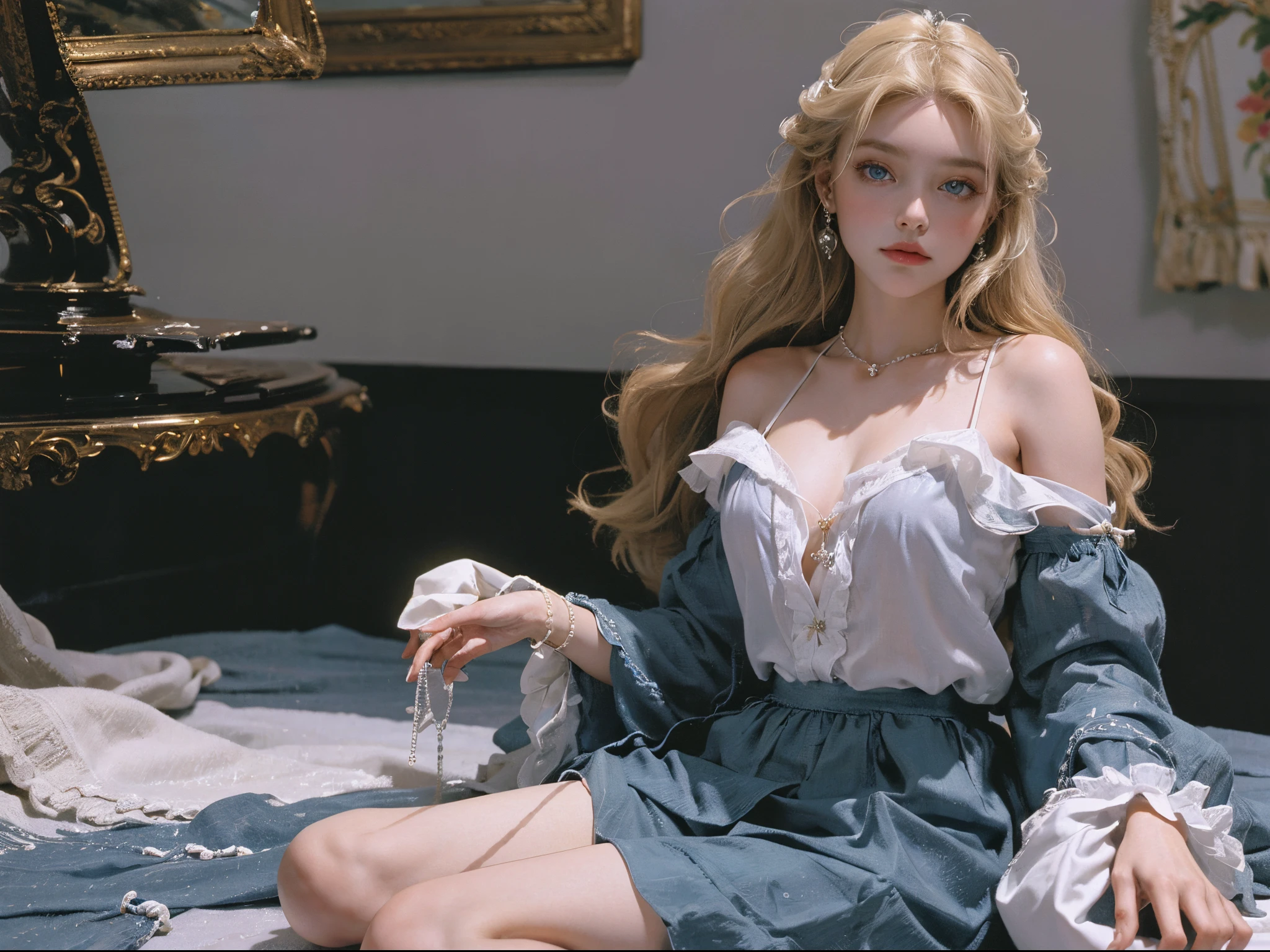 old movie,Classic movies,Elegant aristocratic girl,((tmasterpiece)),high high quality,ultra - detailed,coiffed blonde hair+white apparel:1.2,sweet and delicate girl,exquisite facial features,perfect body figure,There are bubbles around,The colors are bright and bright,pearl white background,Romantic long hair,natural soft light,warm and sweet,blue color eyes,Gorgeous hair decoration。Delicate skin texture,Live photos,True humans,Relaxed state,Solid color skirt,((tmasterpiece)),high high quality,ultra - detailed,,bjd,ta prostitute,exquisite facial features,face adorned with pearls,There are bubbles around,The colors are bright and bright,Romantic long hair,Natural soft light,warm and sweet,with brown eye,Gorgeous hair decoration,((Best quality, 8K, On a table: 1.3, RAW photogr)), Focus sharp: 1.2, (1 aespa girl :1.1), Alone, (Face focus: 1.1), Cute face, The face is very detailed,beachside,1girll