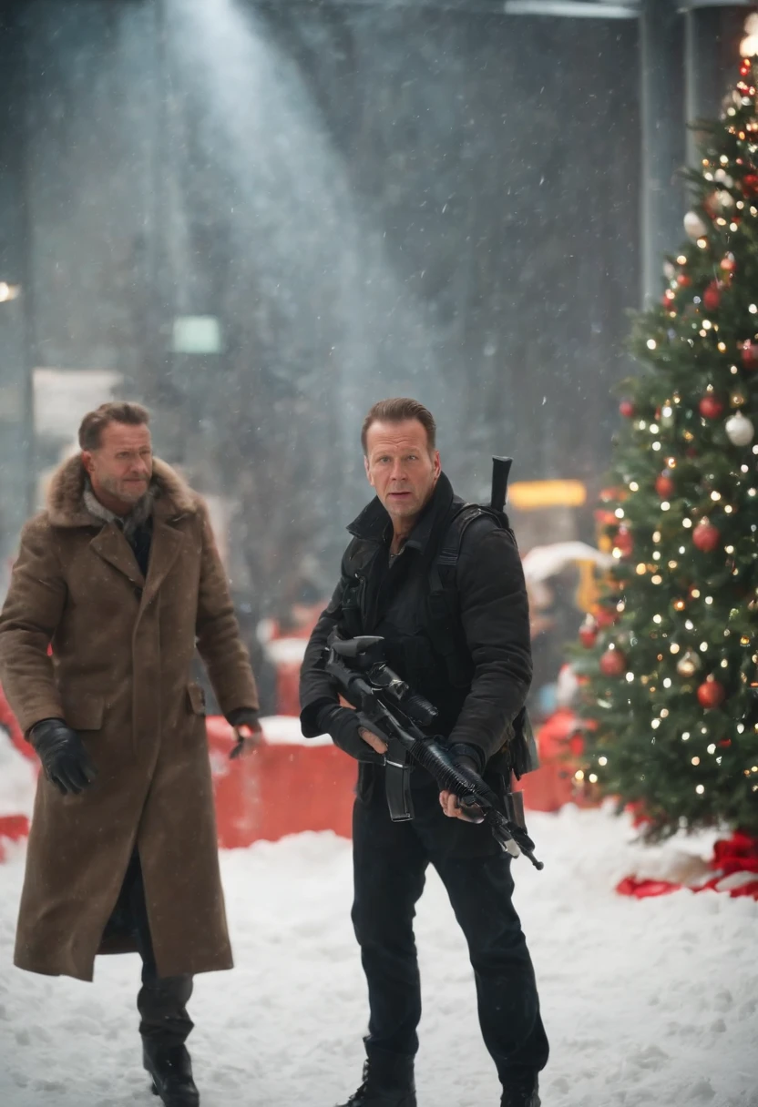 movie「die hard 2」Famous scenes of、Bruce Virus、Snow Airport、terrorist、gun fight、Christmas tree、hold a gun、yuki、yuki、yuki、