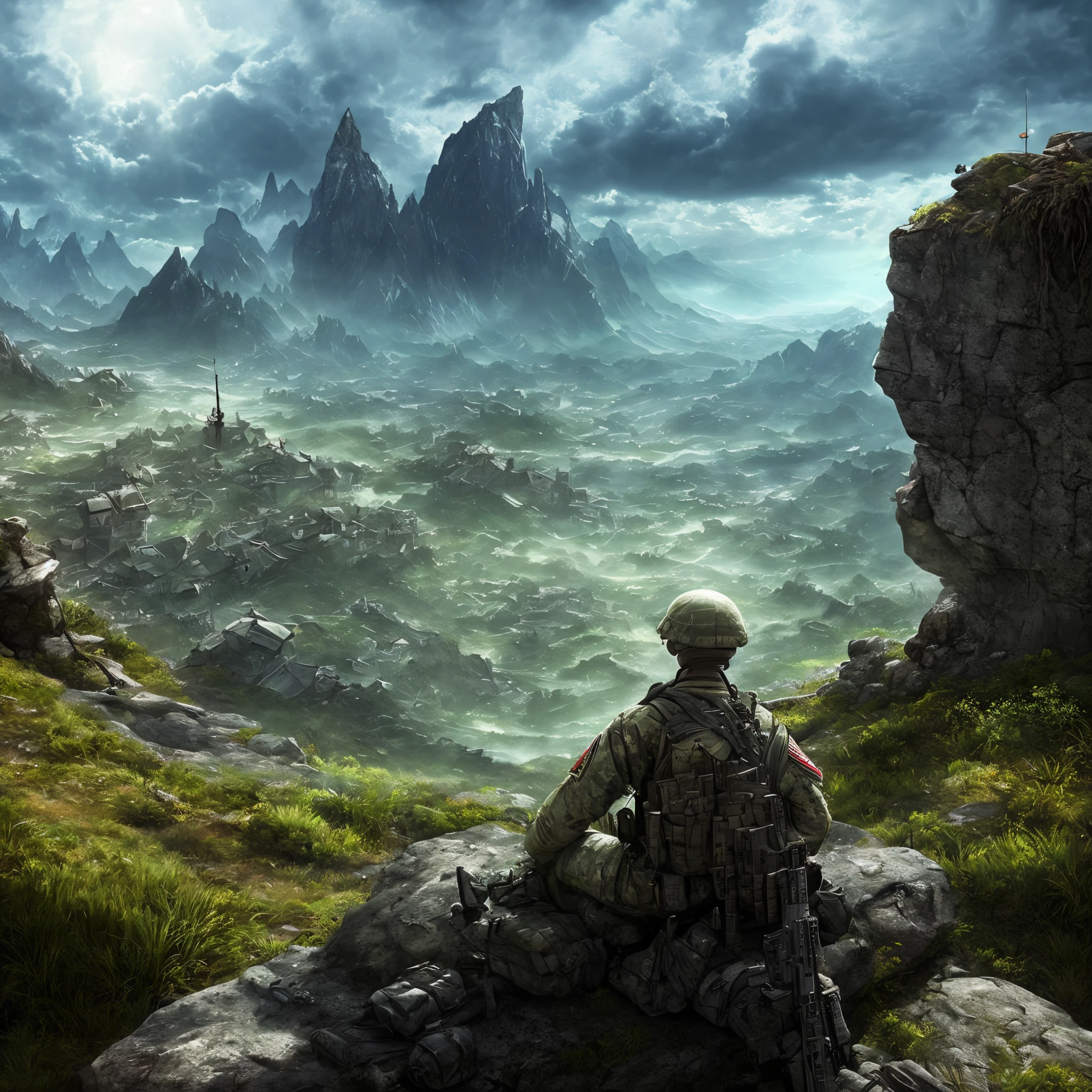 Tired soldier Overlooking a fantasy dystopian world on top of a mountain with a great view