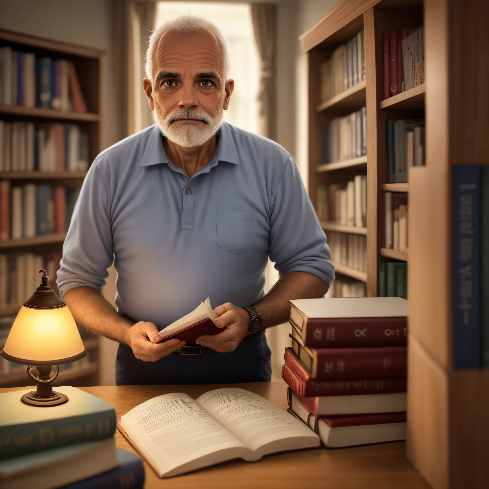 Homem 51 anos cabelos castanhos olhos castanhos calvanhaque parado na frente, illuminated by the light of a lamp, contra o pano de fundo de uma biblioteca