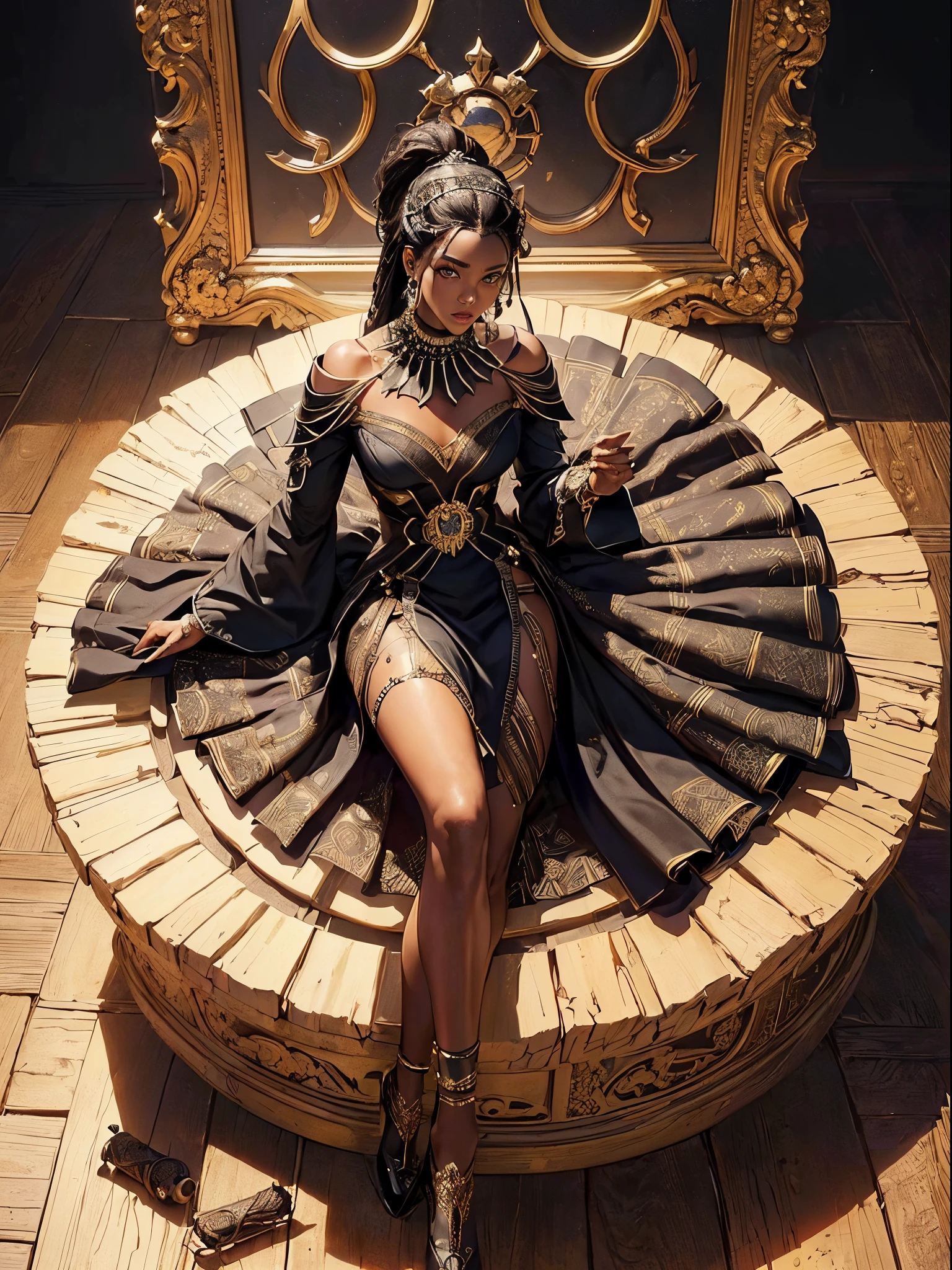((joyful ((athletic ((African-American)) girl)) with (long curly hair with blue highlights) (sitting in opulent throne) while peacefully observing the sunrise, (wearing detailed lace sapphire negligee), (wearing lace necklace), (detailed cannabis flower tattoos on arms and legs), plump legs spread apart, high quality photo, outside next to flowing riverbank with incense burning and (with many potted plants during foggy sunrise)