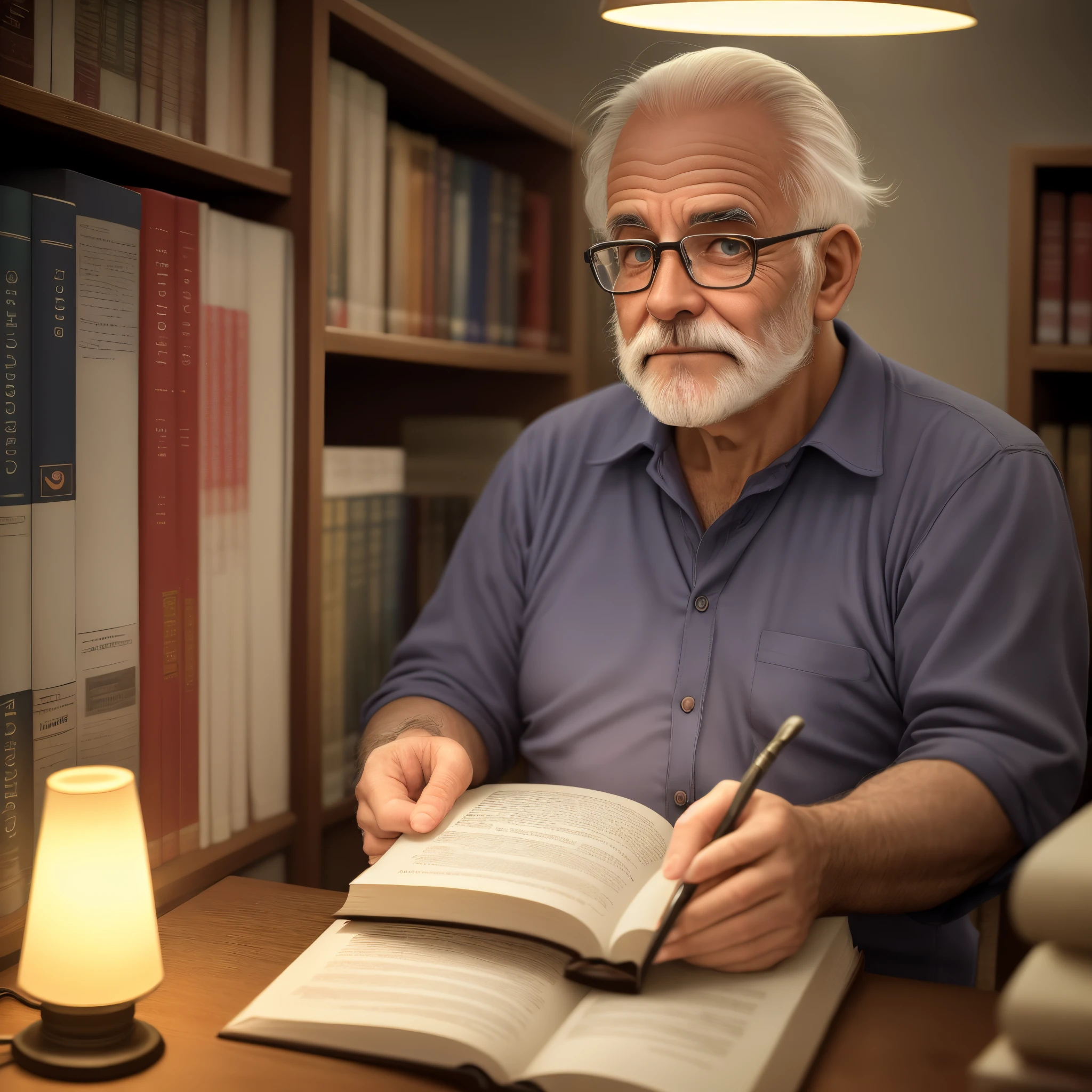 Homem 51 anos cabelos castanhos olhos castanhos calvanhaque parado na frente, illuminated by the light of a lamp, contra o pano de fundo de uma biblioteca