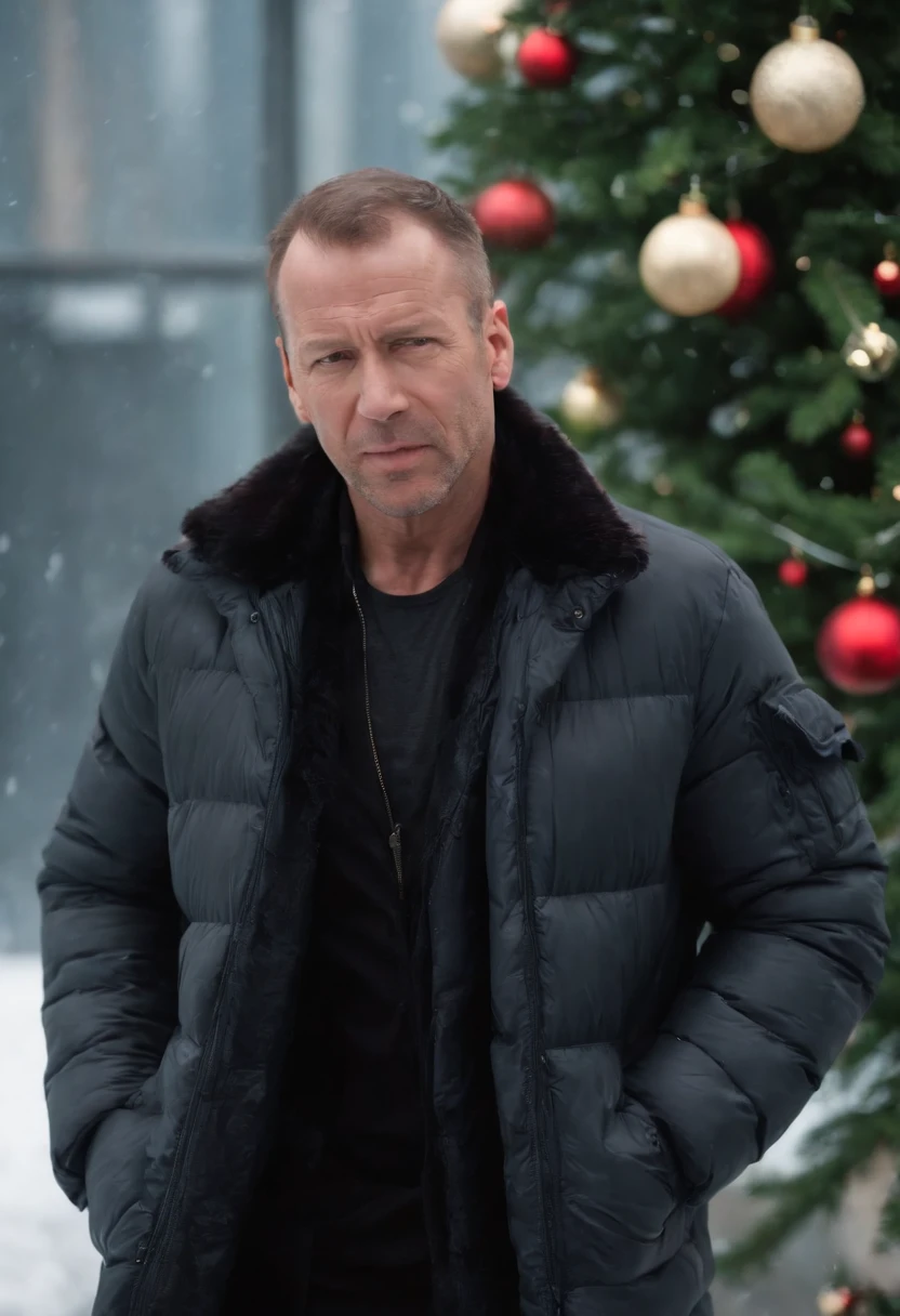 movie「die hard 2」Famous scenes of、Bruce Virus、Snow Airport、terrorist、gun fight、Christmas tree、hold a gun、yuki、yuki、yuki、down jacket with boa、