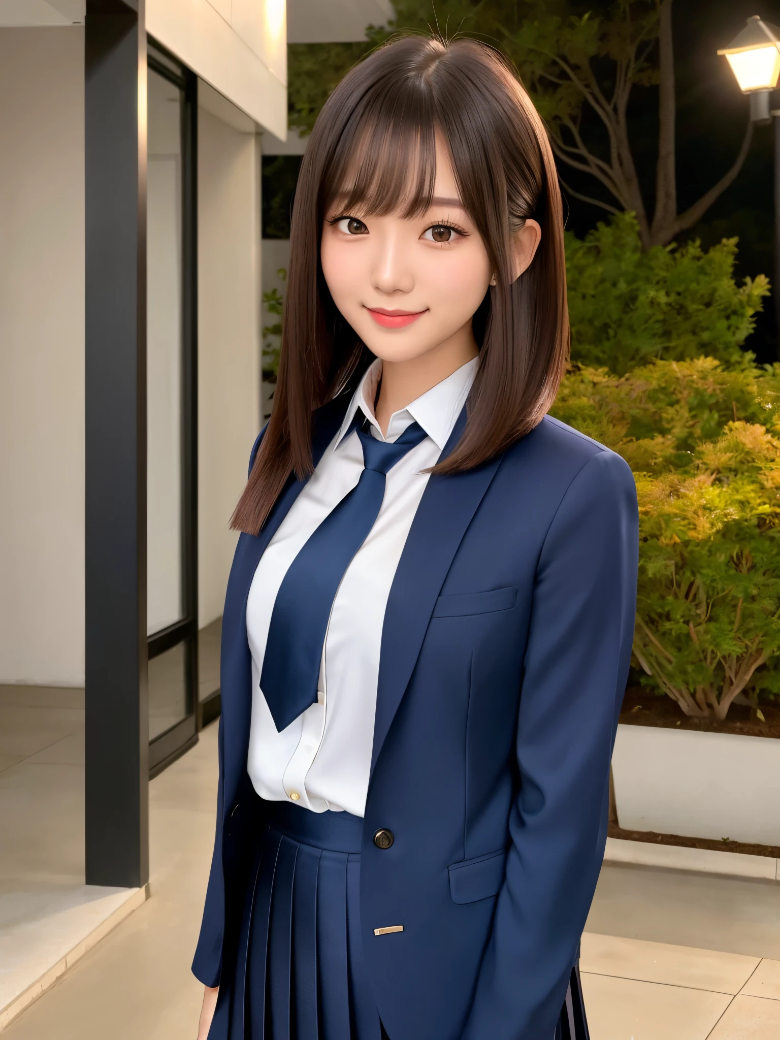product quality, 1girl, upper body shot, front view, a Japanese young pretty woman, long bob hair, standing alone with a big smile in front of her luxury home in the night, glamorous figure, wearing a dark blue blazer over a white collared silky satin shirt, shiny satin dark blue plain long tie, dark blue pleated long skirt, school bag over her shoulder, hyper cute face, glossy lips, double eyelids in both eyes, natural makeup, long eyelashes, shiny smooth light brown long bob hair, asymmetrical bangs, central image, high resolution, high detail, detailed hairstyle, detailed face, spectacular cinematic lighting, octane rendering, vibrant, hyper realistic, perfect limbs, perfect anatomy