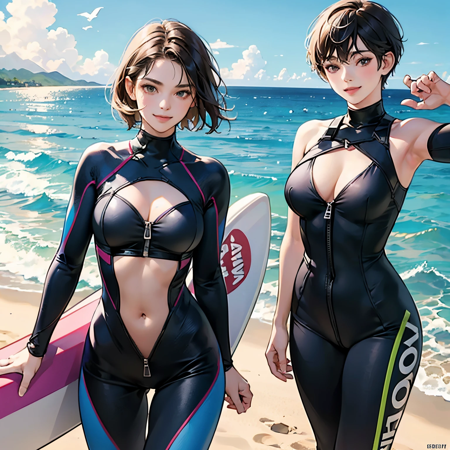 1girl in,holding a surfboard、A beautiful girl in a wide-open wetsuit looks at me and smiles,boyish handsome girl,ssmile,black undercut short hair,Accurately drawn face,Slender but big breasts,Navel,tre anatomically correct,perfectly proportions,Accurate Depiction Fingers,Have a surfboard,High-leg wetsuit that cuts into the crotch,Colorful wetsuit.Open the front zipper to below the navel,cleavage of the breast,Sleeveless,On the beach in Hawaii,​masterpiece,hiquality,