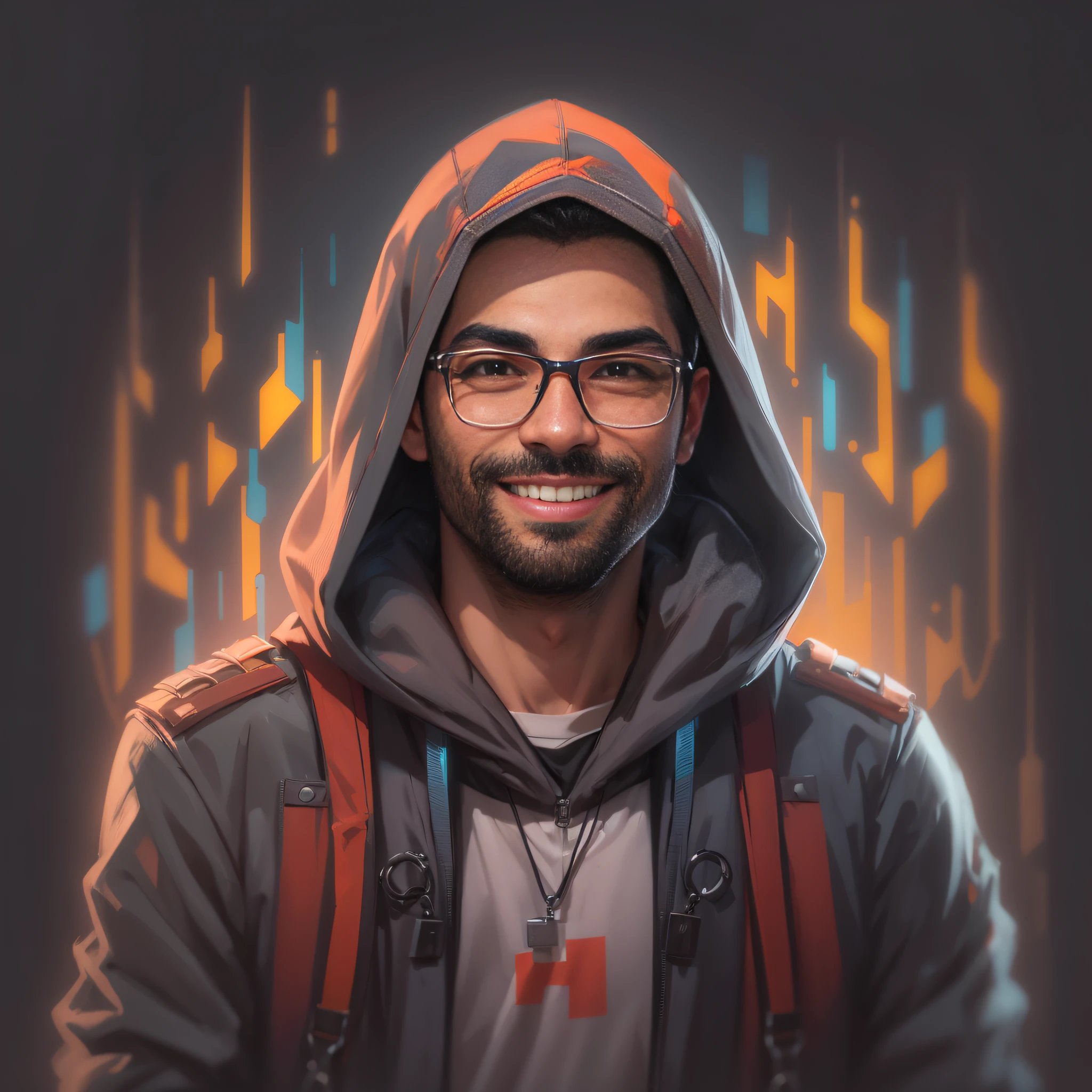 (PIVA) create a high quality 2D cartoon portrait of a man wearing the various and a hood, displaying a cheerful smile. This is a portrait for use as an NFT, an avatar image, a Discord profile picture, and a personality concept portrait for the Twitch streamer and player known as PivaArts. The full portrait should be detailed and capture a personality and the style of PivaArts, making it a pe Surprice of declara3. The focus is on a headshot portrait person fit for a Twitch streamer.