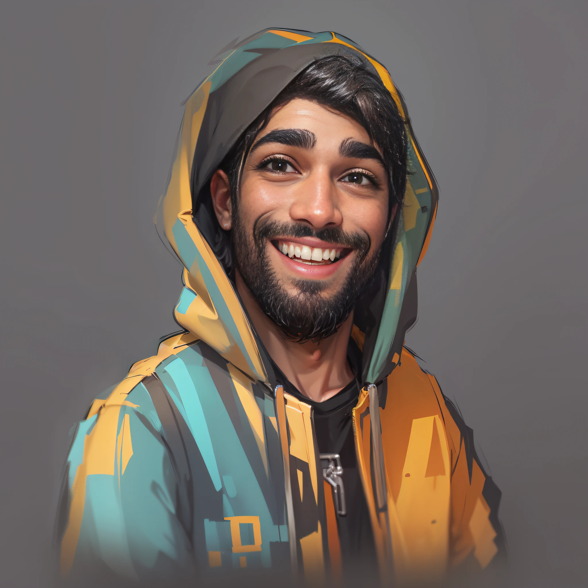 (PIVA) create a high quality 2D cartoon portrait of a man wearing the various and a hood, displaying a cheerful smile. This is a portrait for use as an NFT, an avatar image, a Discord profile picture, and a personality concept portrait for the Twitch streamer and player known as PivaArts. The full portrait should be detailed and capture a personality and the style of PivaArts, making it a pe Surprice of declara3. The focus is on a headshot portrait person fit for a Twitch streamer.