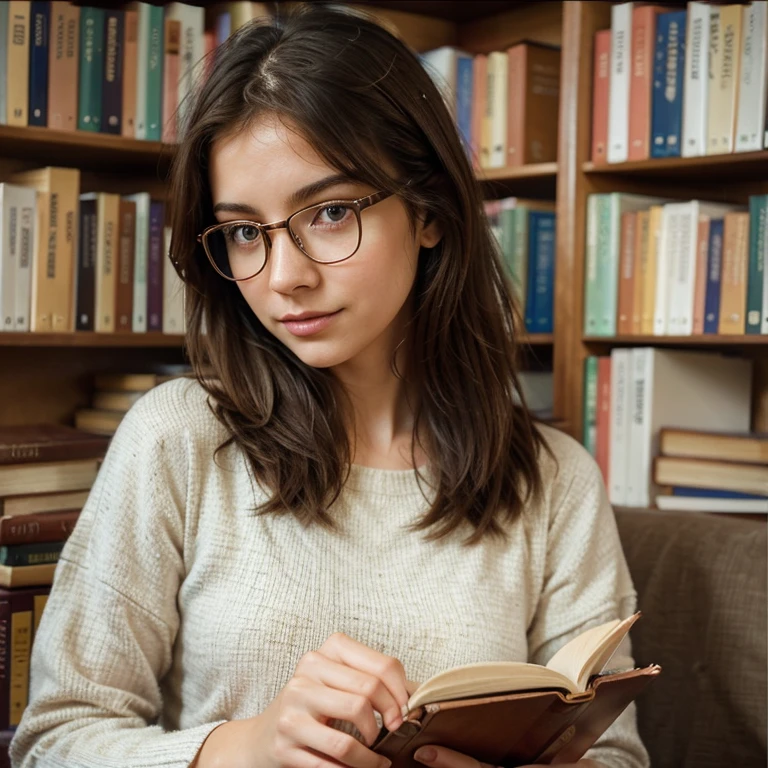 smart,brainy girl,beautiful detailed eyes,beautiful detailed lips,extremely detailed eyes and face,long eyelashes,medium:watercolor,creative,humorous,leisurely,thoughtful,curious,wearing glasses,having a book in her hand,enjoying reading in a cozy corner of the library, surrounded by stacks of books,piles of paper and pencils,soft natural lighting,subtle pastel colors,bokeh,impressionistic brushstrokes,expressive lines,peaceful and tranquil atmosphere