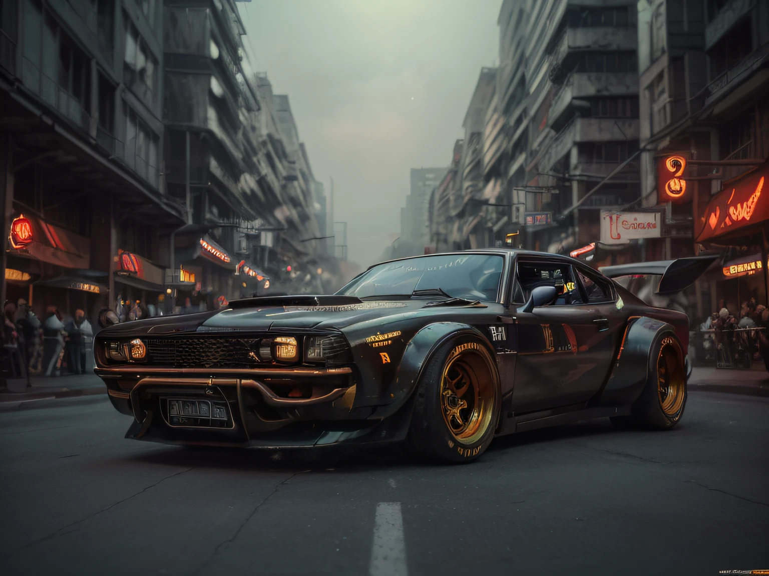 (best quality,4k,8k,highres,masterpiece:1.2), ultra-detailed, (realistic,photorealistic,photo-realistic:1.37), (HDR:1.1), (UHD:1.1), (studio lighting:1.1), (vivid colors:1.1), (bokeh:1.1), portraits, cyberpunk futuristic hotrod Zeekars, shiny tires, neon effect on the bodywork, red neon lines, red headlights
