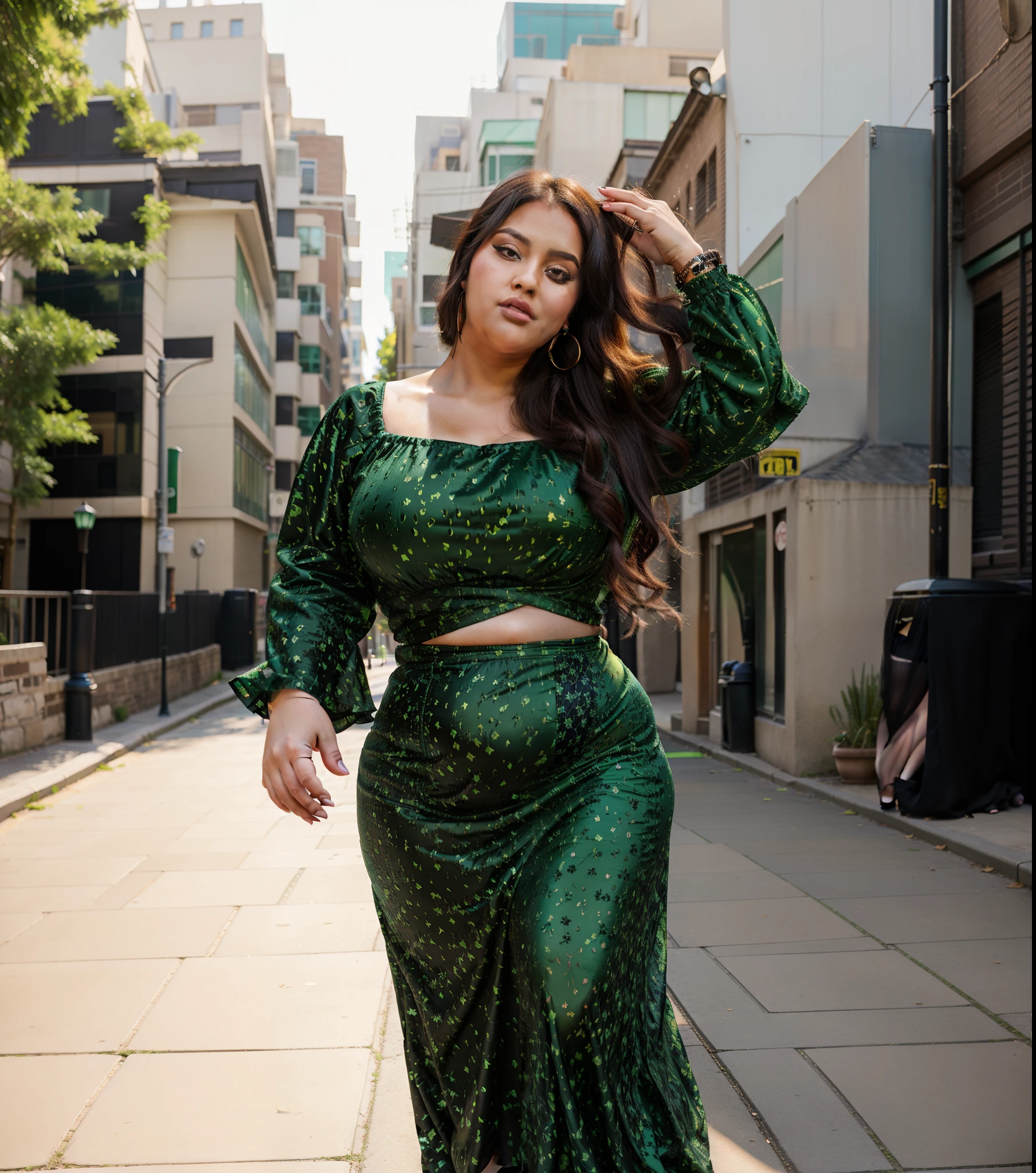 a woman in a black and green dress standing on a street, alluring plus sized model, plus size woman, inspired by Ambreen Butt, stylish pose, curvy, skinny waist and thick hips, thicc, she has a jiggly fat round belly, taken with sony alpha 9, captured on canon eos r 6, waist high