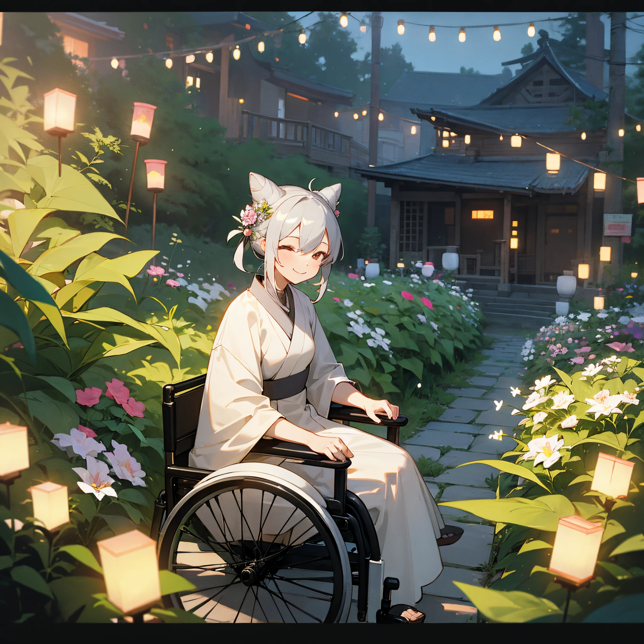 1female, elderly, grey bun, wheelchair, light smile, garden with flower, village, lanterns