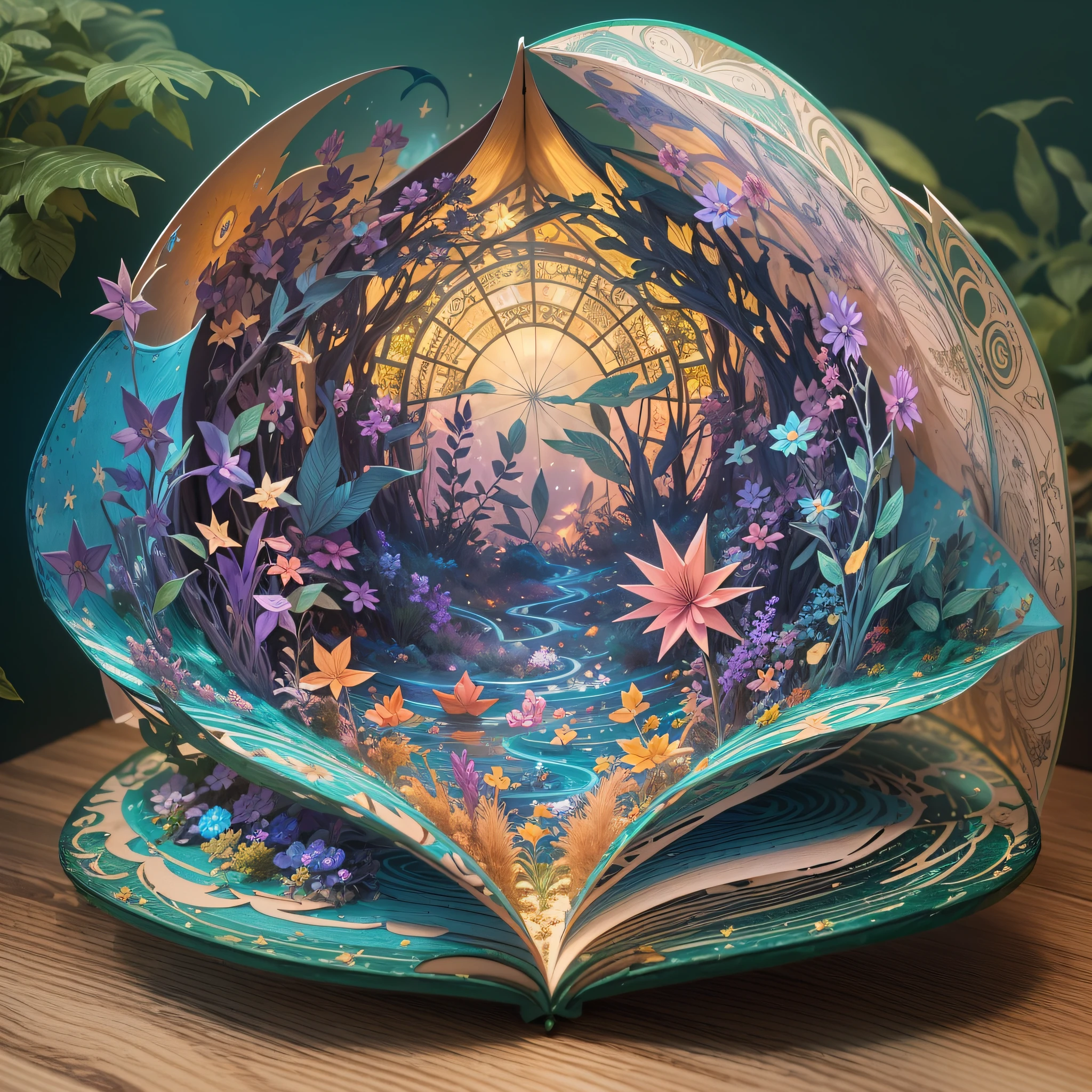 (pop up book:1.5),Create a mesmerizing heavenly oasis artwork in your stained glass bedroom。Let vibrant neon light illuminate a tranquil space,Paper Cuttings style:in mythical creatures、Ethereal shadows cast across a complex composition of celestial and botanical wonders。The interplay of translucent colors and smooth lines should evoke a sense of dreamy serenity and cosmic magic。 (Best quality at best,4K,8K,A high resolution,tmasterpiece:1.2),ultra - detailed,(actual,realistically,realistically:1.37) #Marine art #pop up book #number art #digital drawing #Aylt #love art