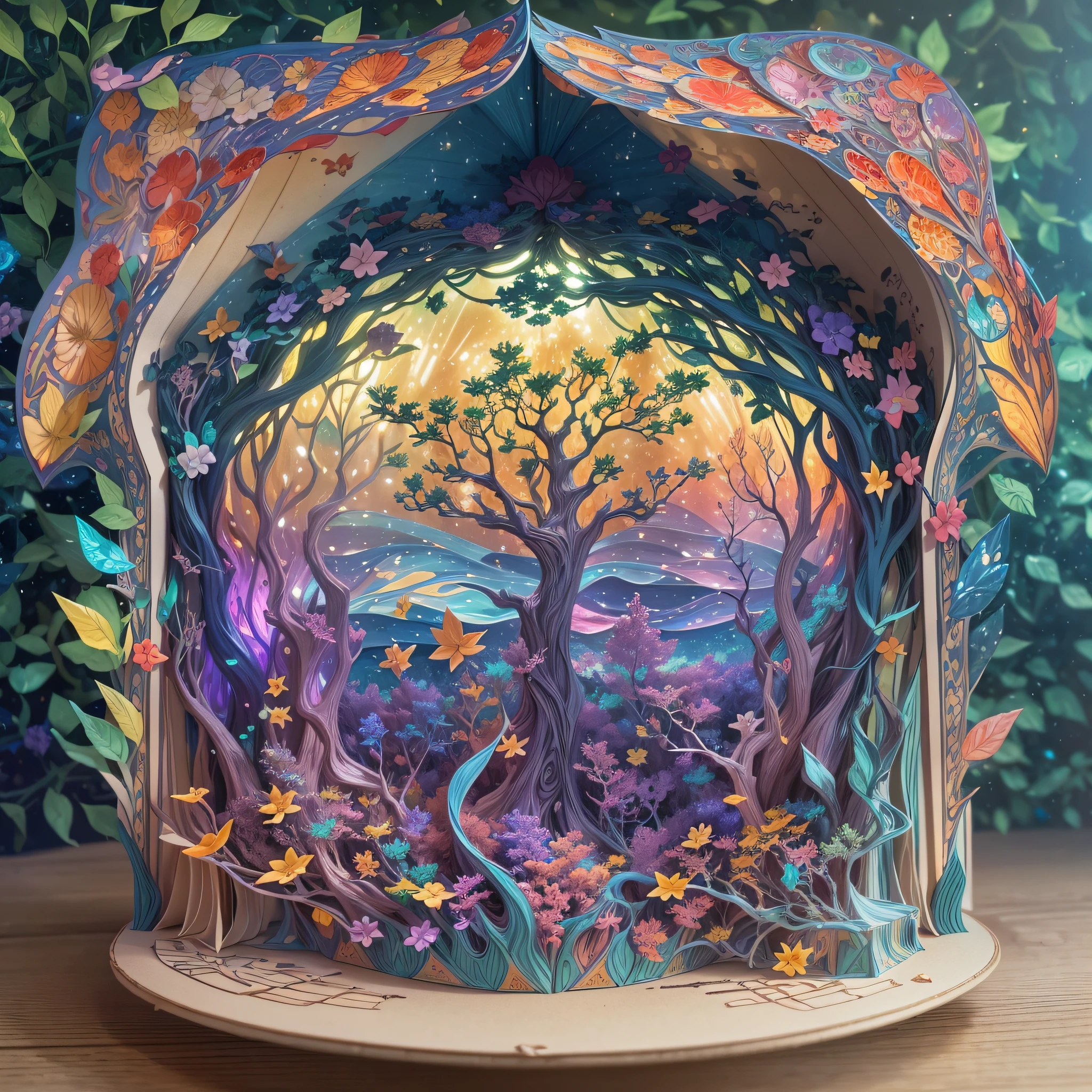 (pop up book:1.5),Create a mesmerizing heavenly oasis artwork in your stained glass bedroom。Let vibrant neon light illuminate a tranquil space，Paper Cuttings style:in mythical creatures、Ethereal shadows cast across a complex composition of celestial and botanical wonders。The interplay of translucent colors and smooth lines should evoke a sense of dreamy serenity and cosmic magic。  (Best quality at best,4K,8K,A high resolution,tmasterpiece:1.2),ultra - detailed,(actual,realistically,realistically:1.37) #Marine art #pop up book #number art #digital drawing #Aylt #love art