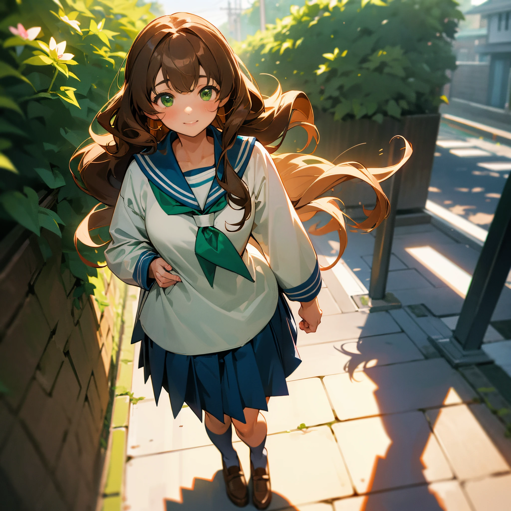 1female, , long brown curly hair, finely detailed green eyes, blue sailor uniform, standing on path, walking down alley, light smile, blushing cheeks, flowers, best lighting and shadows, tokyo