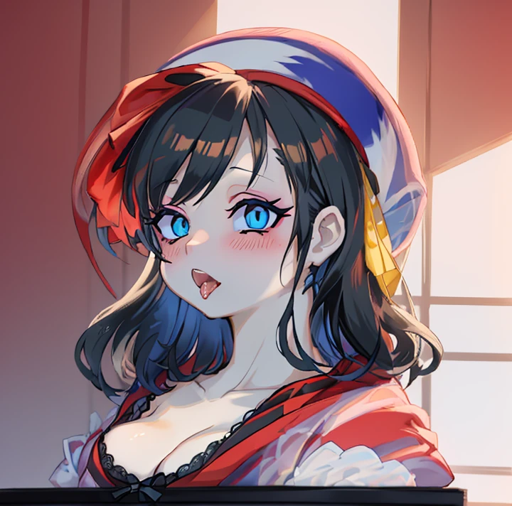 (Ahegao) Anime girl with black hair and blue eyes in a room.............., Anime visual de una mujer joven, shalltear from overlord, Hanayamata, Anime visual de una chica linda, seductora chica de anime, Anime Moe Artstyle, 8k!!, 8k!, Retrato de anime de Shiina Ringo, official anime still, Escena de noire moody, Hana Yata (Ahegao)