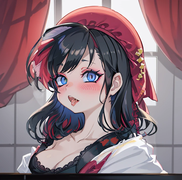 (Ahegao) Anime girl with black hair and blue eyes in a room.............., Anime visual de una mujer joven, shalltear from overlord, Hanayamata, Anime visual de una chica linda, seductora chica de anime, Anime Moe Artstyle, 8k!!, 8k!, Retrato de anime de Shiina Ringo, official anime still, Escena de noire moody, Hana Yata (Ahegao)