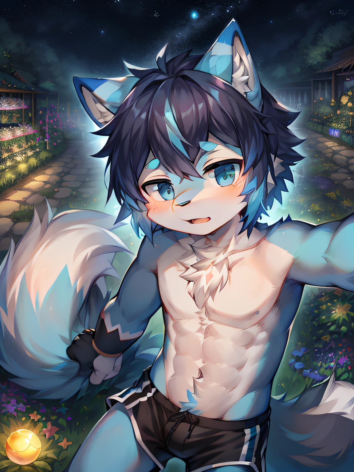 spherical body,tropical garden,Short hair details,Blue hair,starrysky,There's blue fur everywhere,Wolf ears,Wolf type,Big furry tail,tmasterpiece,High-quality portraits,shaggy, shaggy male, malefocus, Eyes are bright, in a panoramic view, Character focus,Black sports shorts,male people,eBlue eyes,Naked upper body,cute big breasts