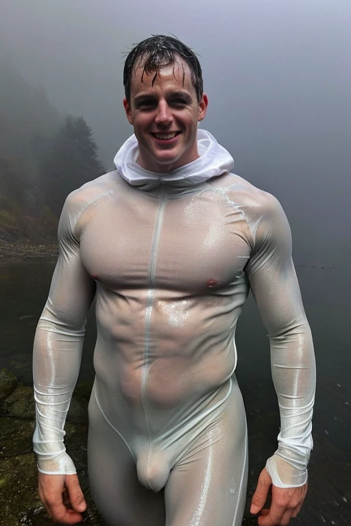 (full head in photo:1.5), pietroboselli person[[(transparent see through long sleeve hooded suit:1.2), muscular, [detailed face]]], detailed background, highly detailed hdr photo, nsfw, six packs, bulge, vpl, looking at viewer, walking towards viewer, cinematic lighting, beautiful lighting, cinematic lighting, (hazy filter, film grain:1.2), coy smile, (slightly wet:1.5)